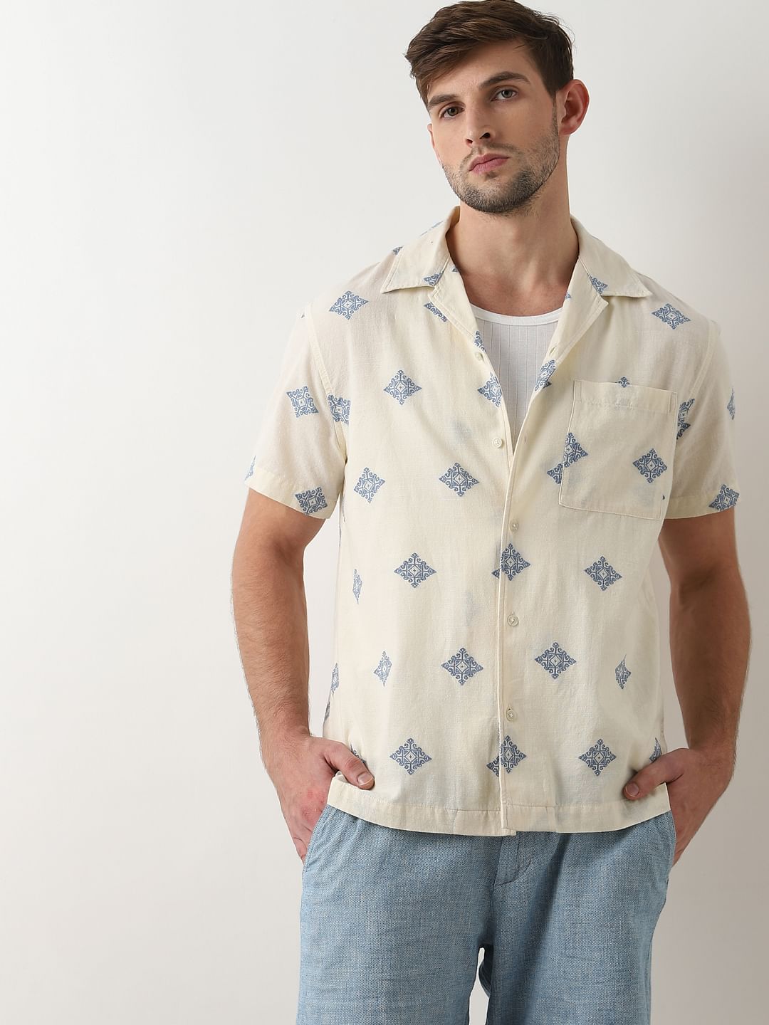 Beige Printed Cuban Collar Short Sleeves Shirt