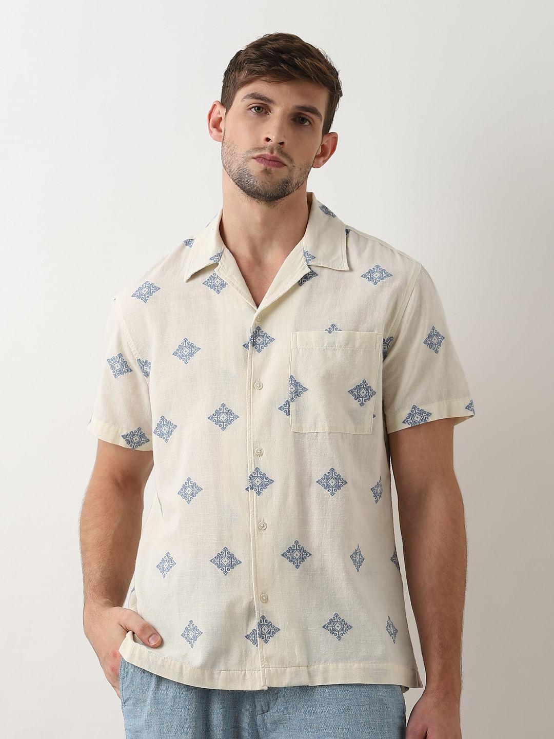 Beige Printed Cuban Collar Short Sleeves Shirt