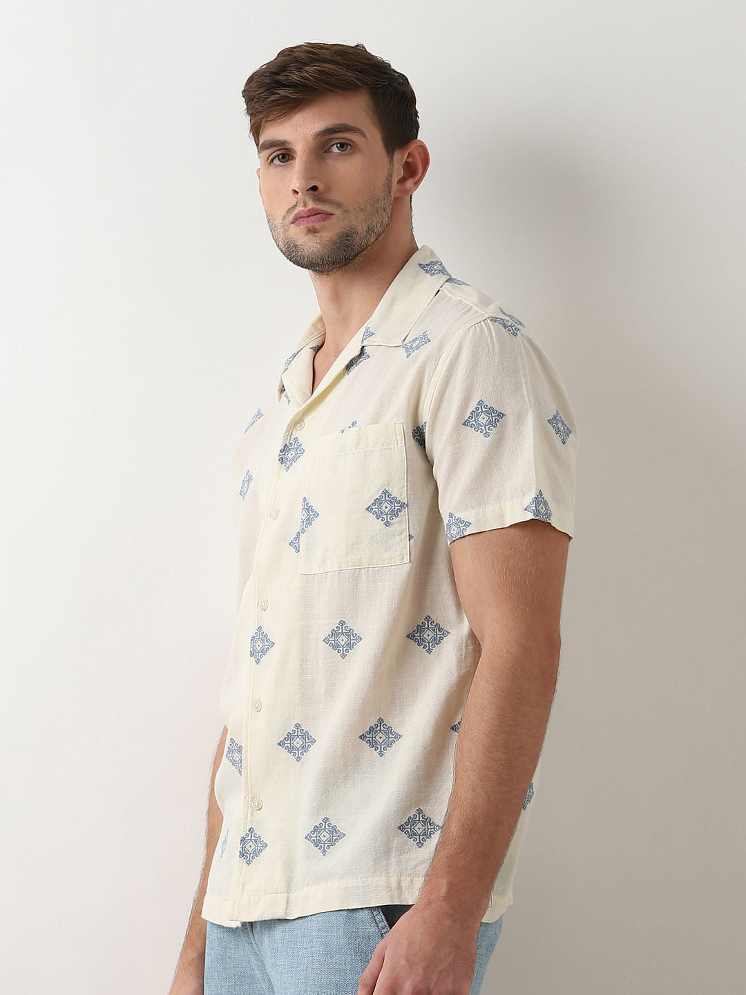 Beige Printed Cuban Collar Short Sleeves Shirt