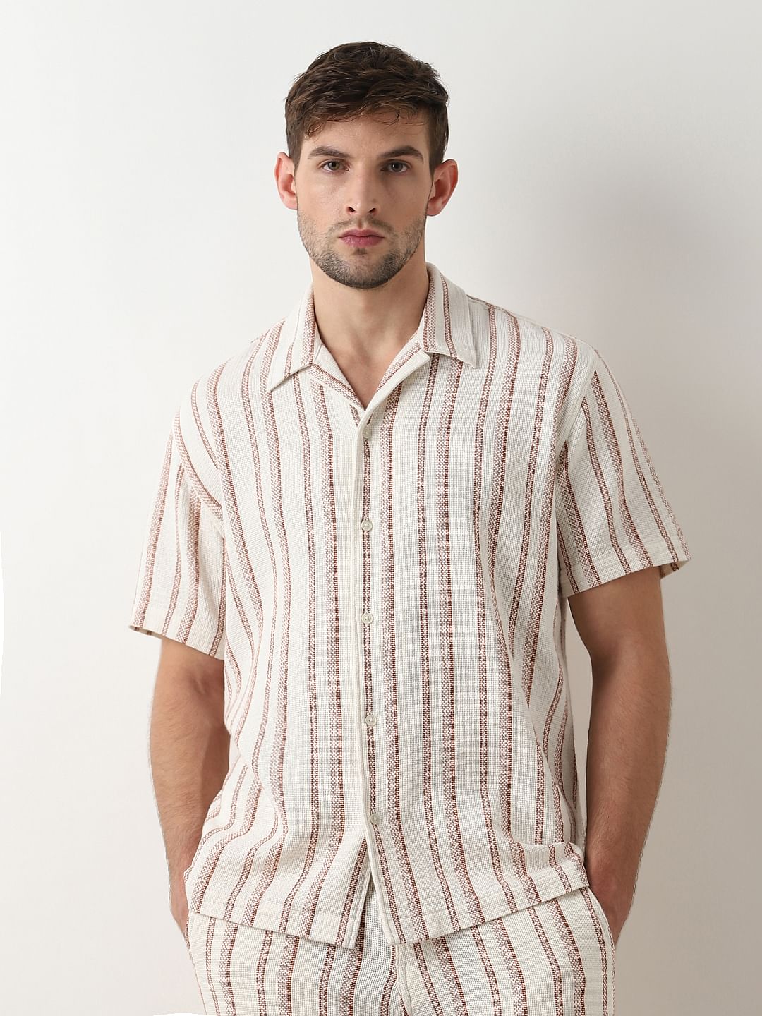 Beige Striped Cuban Collar Co-ord Set Shirt