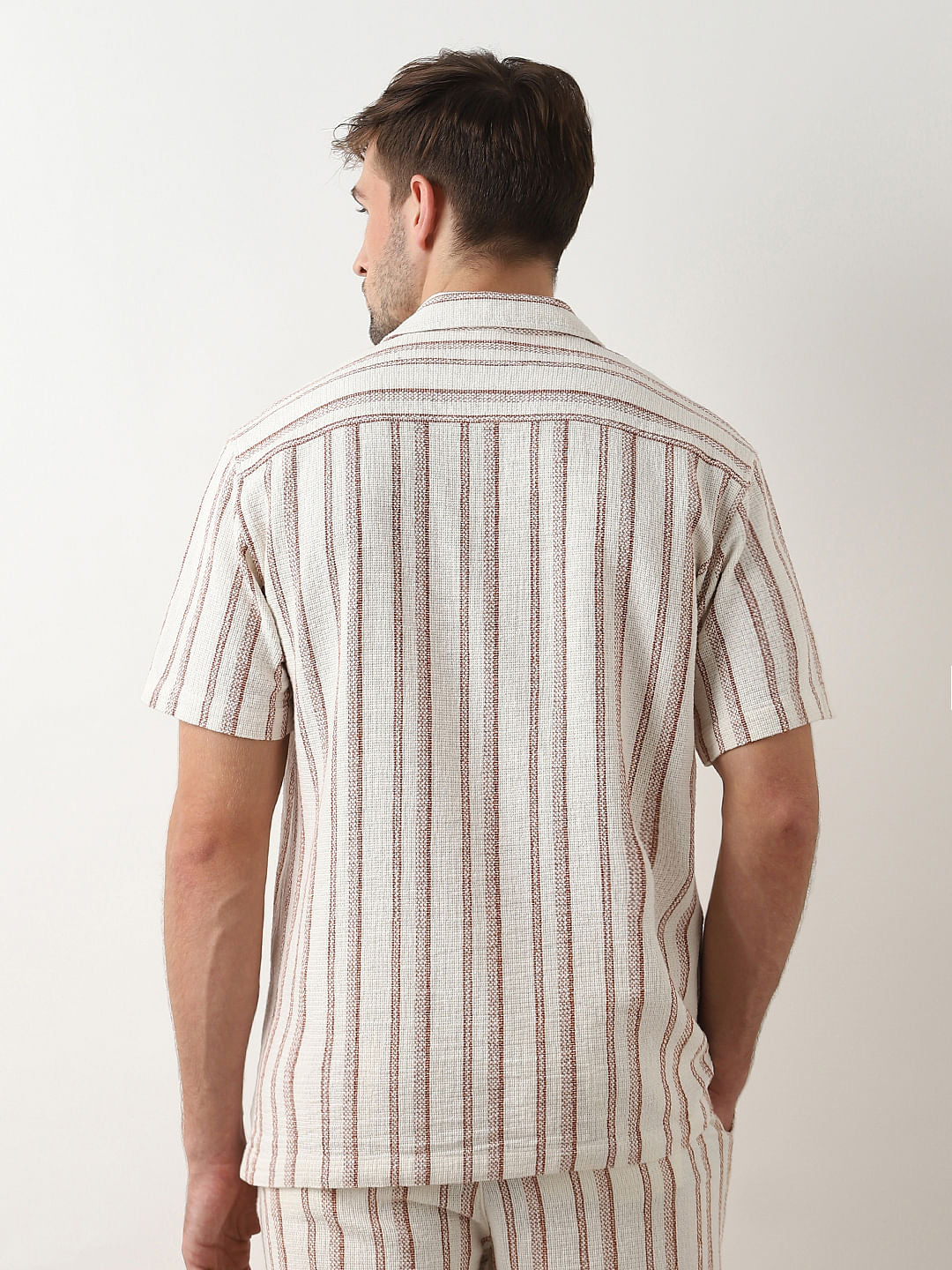 Beige Striped Cuban Collar Co-ord Set Shirt