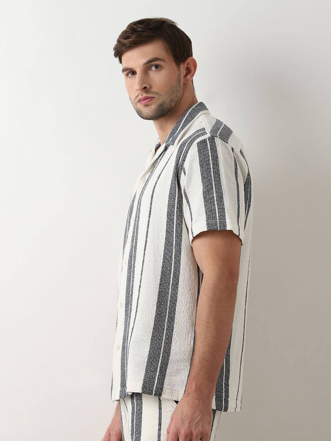 White Striped Cuban Collar Co-ord Set Shirt