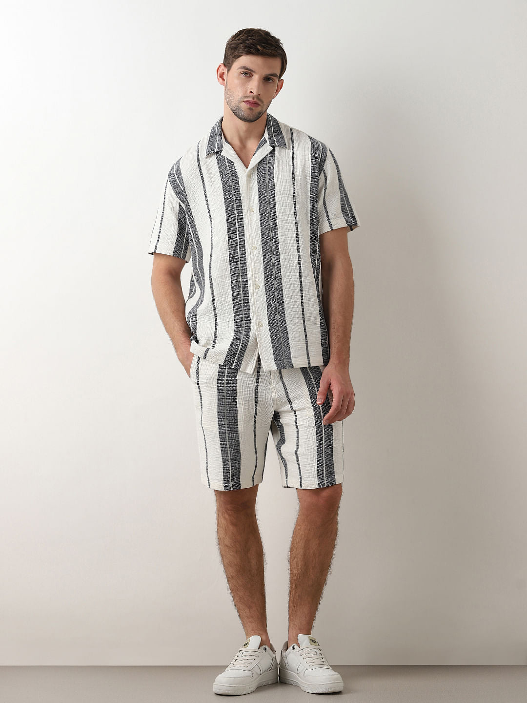 White Striped Cuban Collar Co-ord Set Shirt