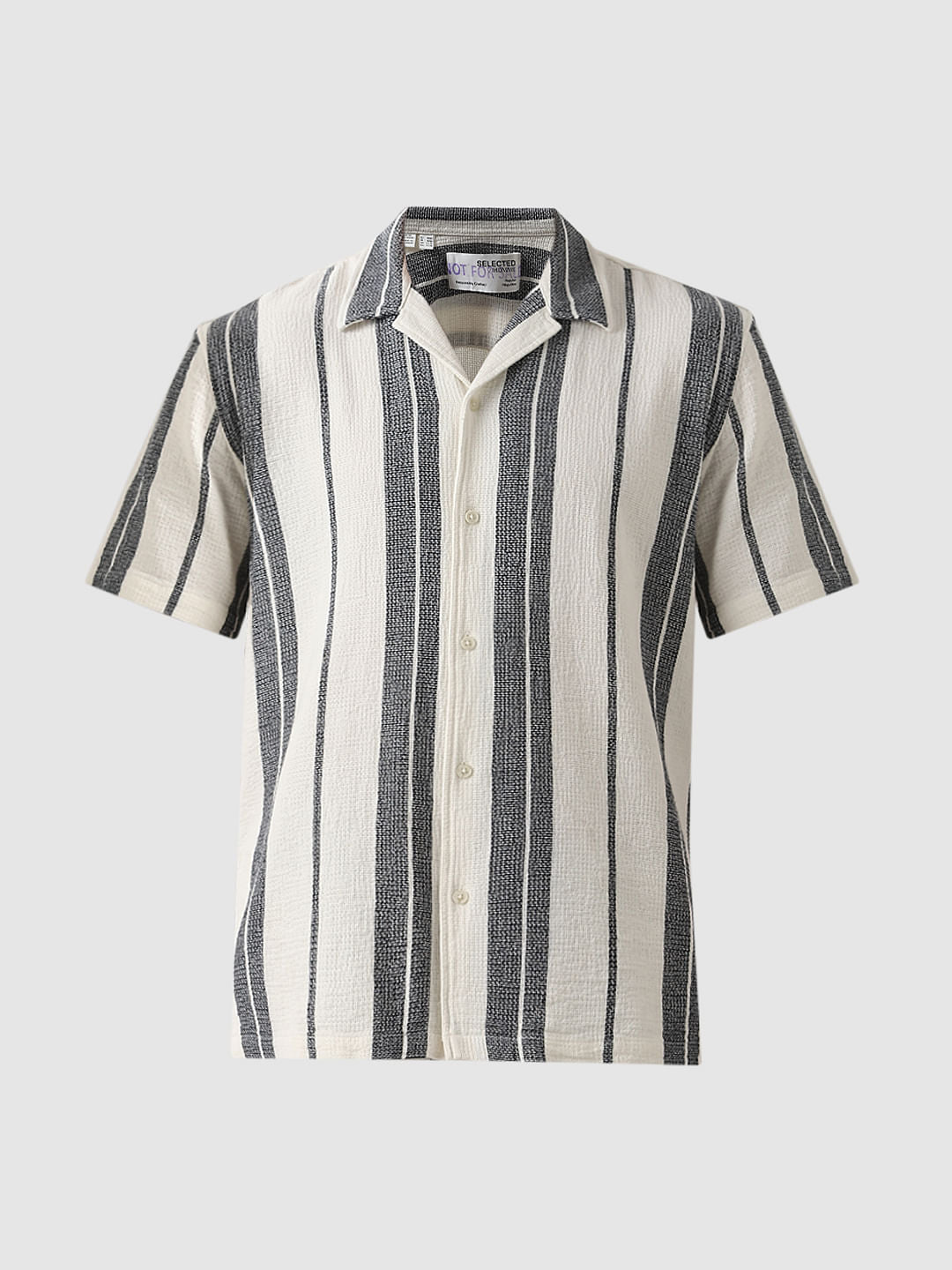 White Striped Cuban Collar Co-ord Set Shirt