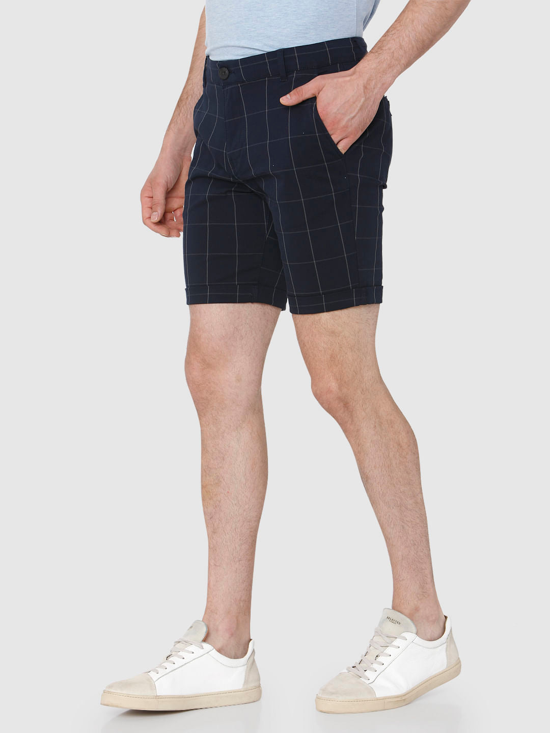 Navy Blue Check Chino Shorts