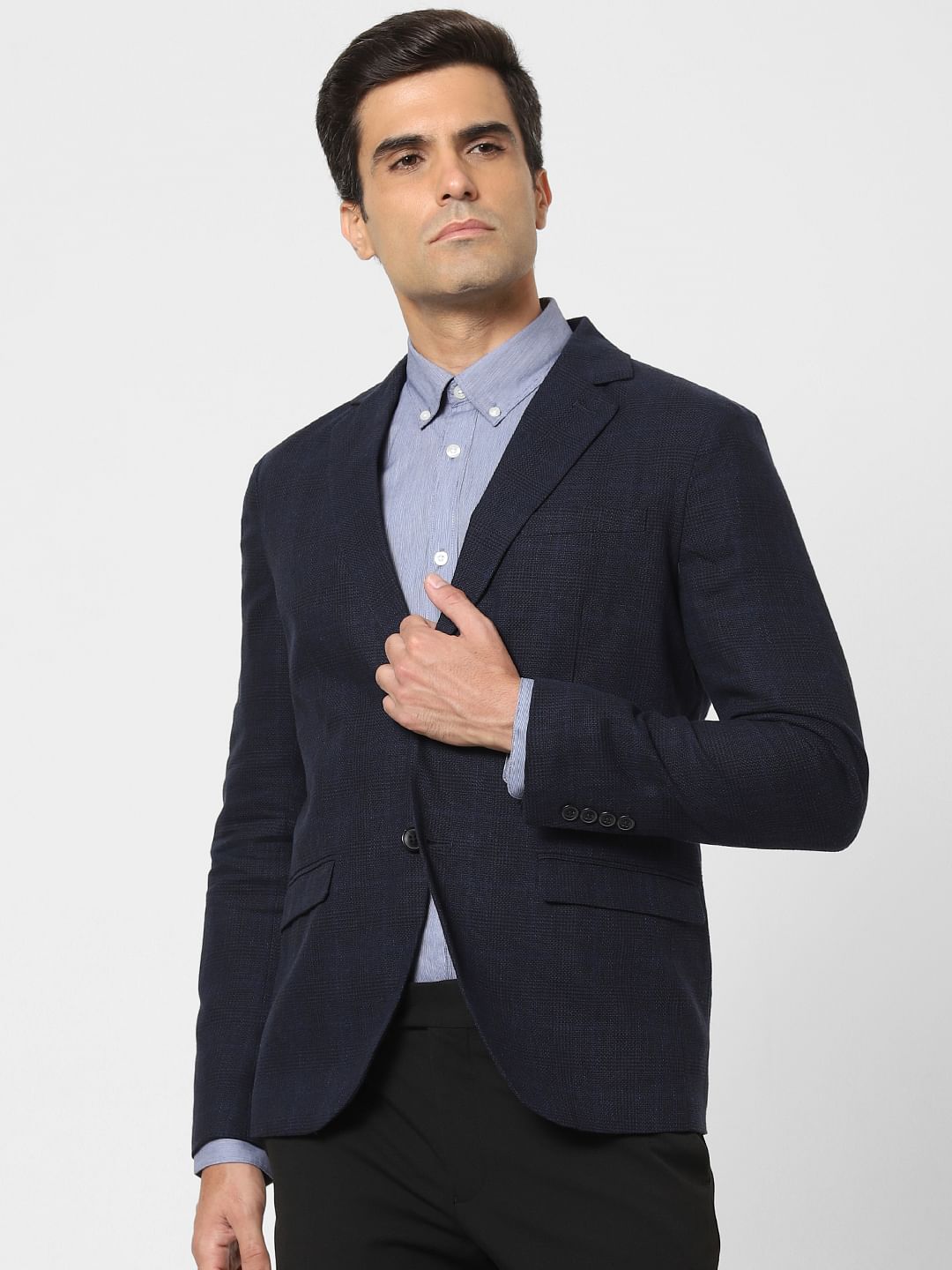 Dark Blue Check Slim Fit Linen Blazer