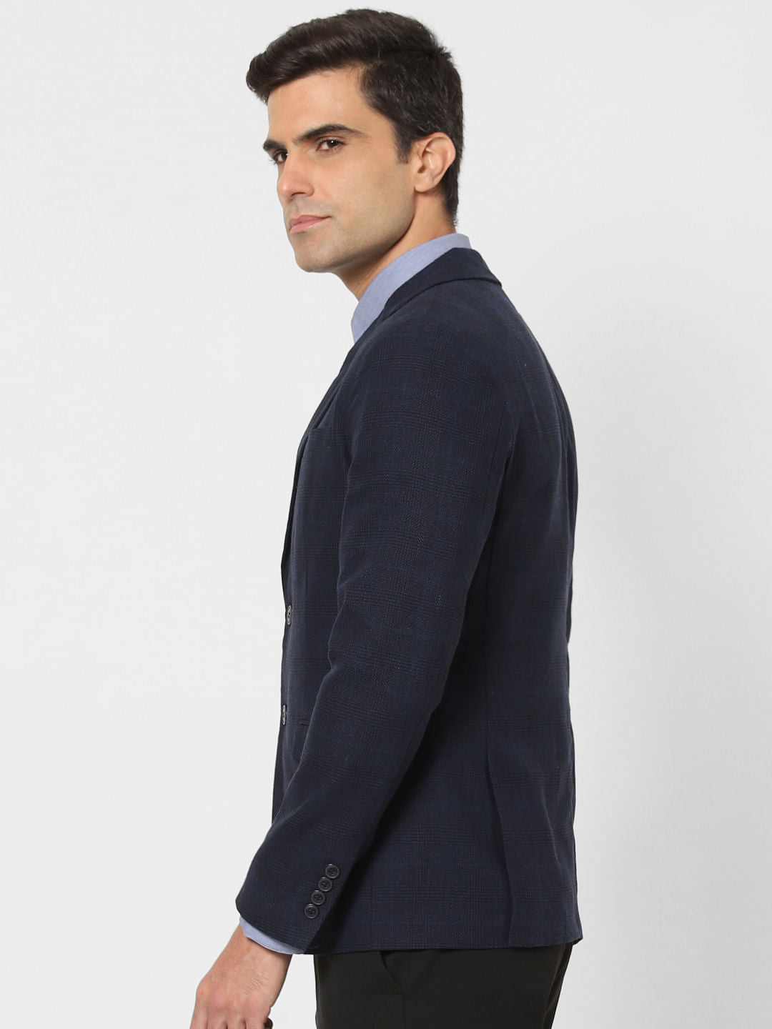 Dark Blue Check Slim Fit Linen Blazer