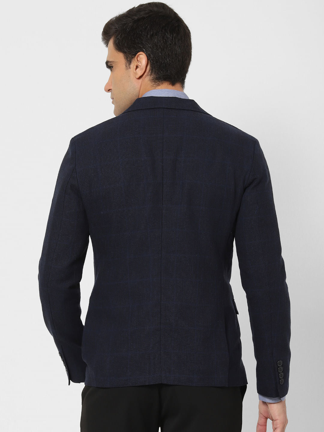 Dark Blue Check Slim Fit Linen Blazer