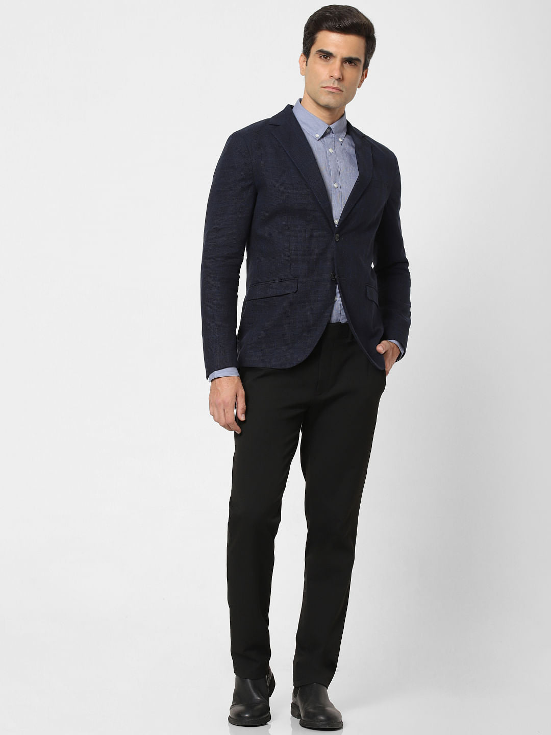 Dark Blue Check Slim Fit Linen Blazer