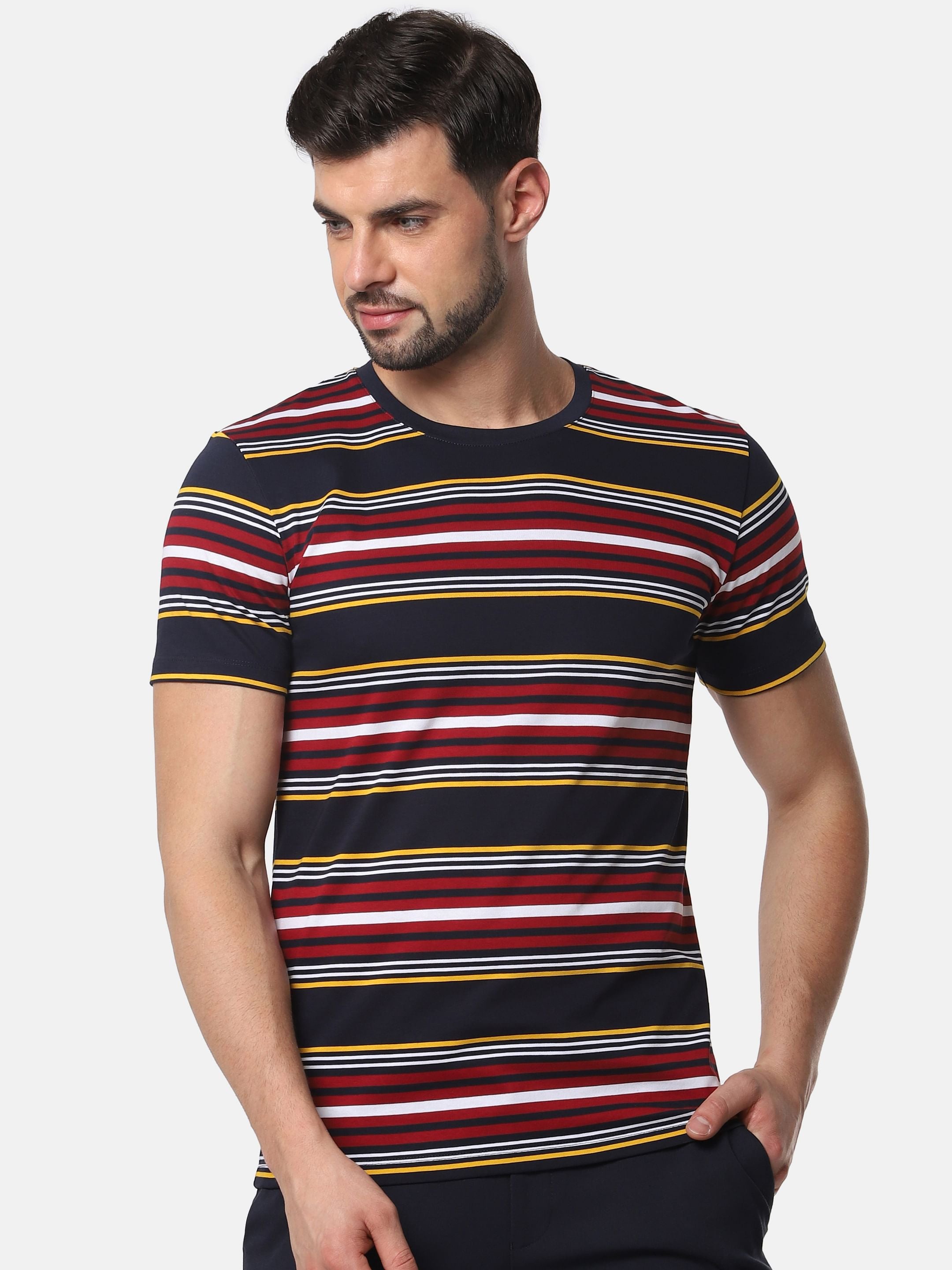Dark Blue Striped Slim Fit Crew Neck T-Shirt