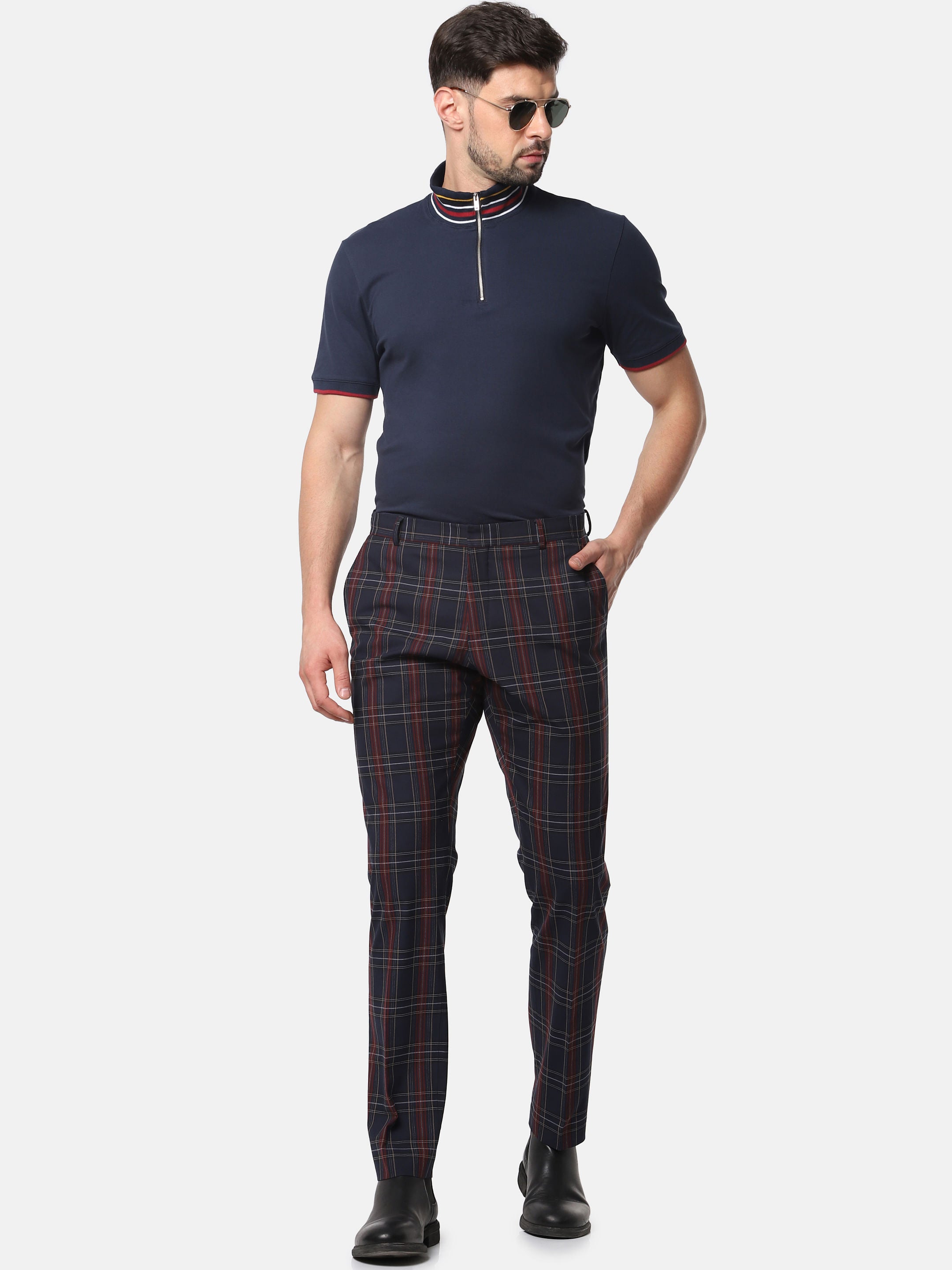 Navy Blue Check Slim Fit Trousers