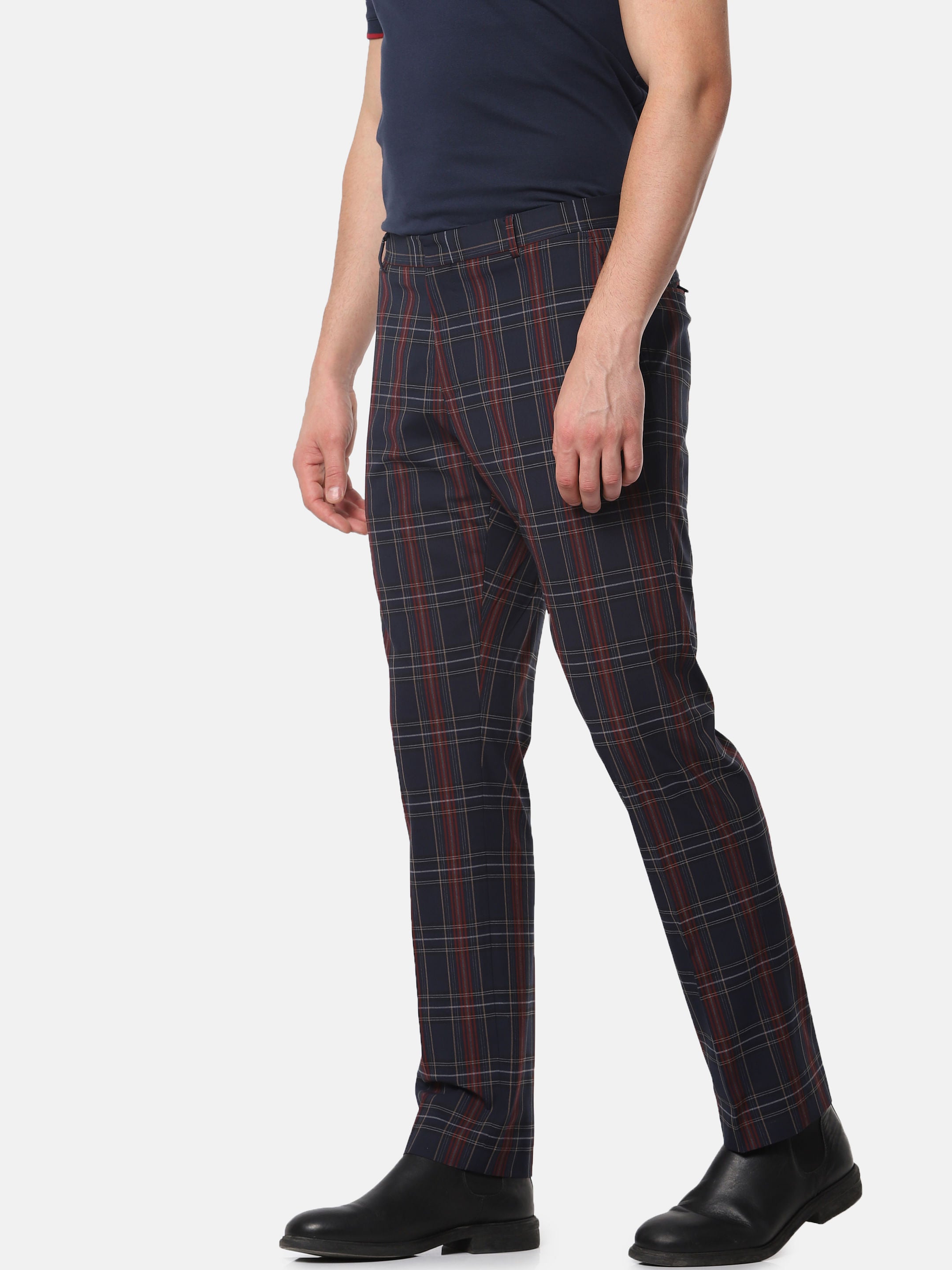 Navy Blue Check Slim Fit Trousers