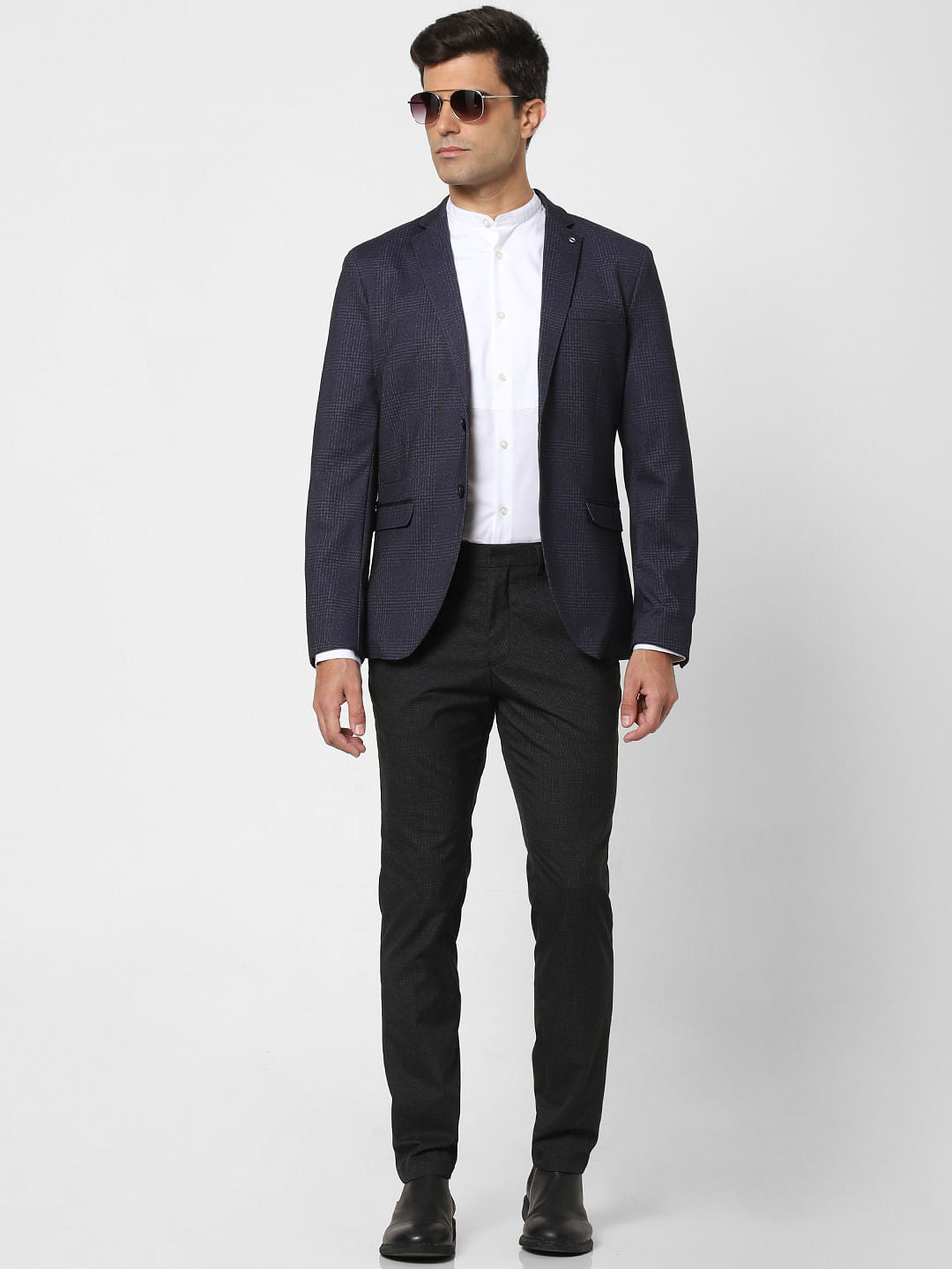 Black Mid Rise Check Slim Fit Trousers