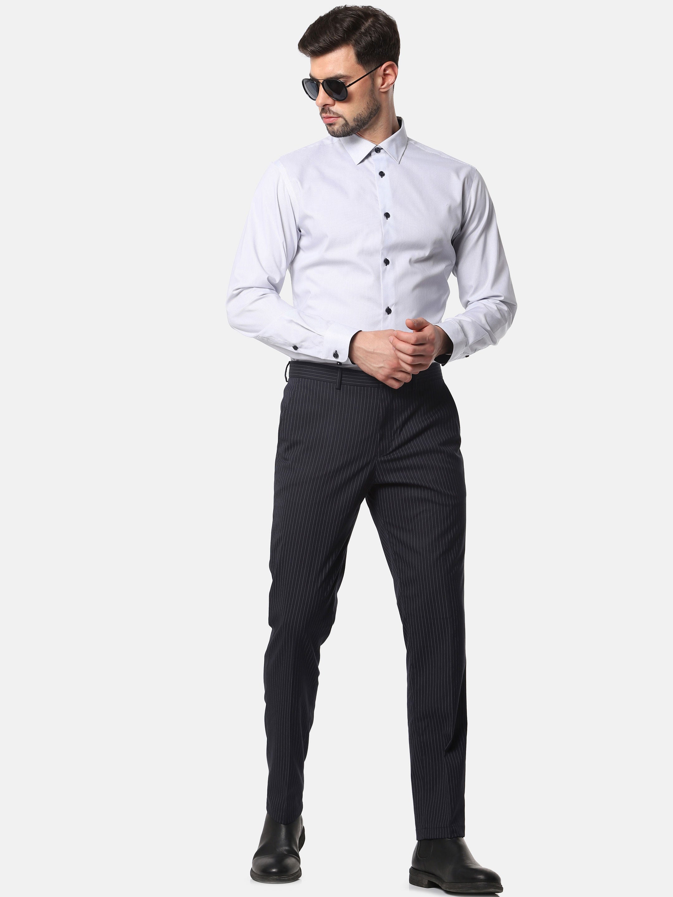 Navy Blue Striped Slim Fit Trousers