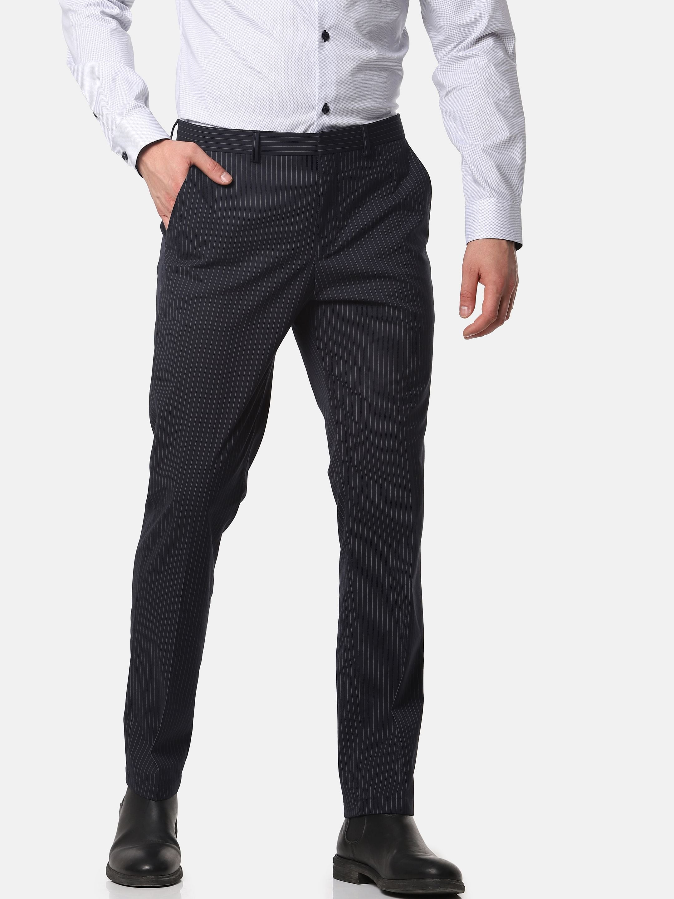 Navy Blue Striped Slim Fit Trousers