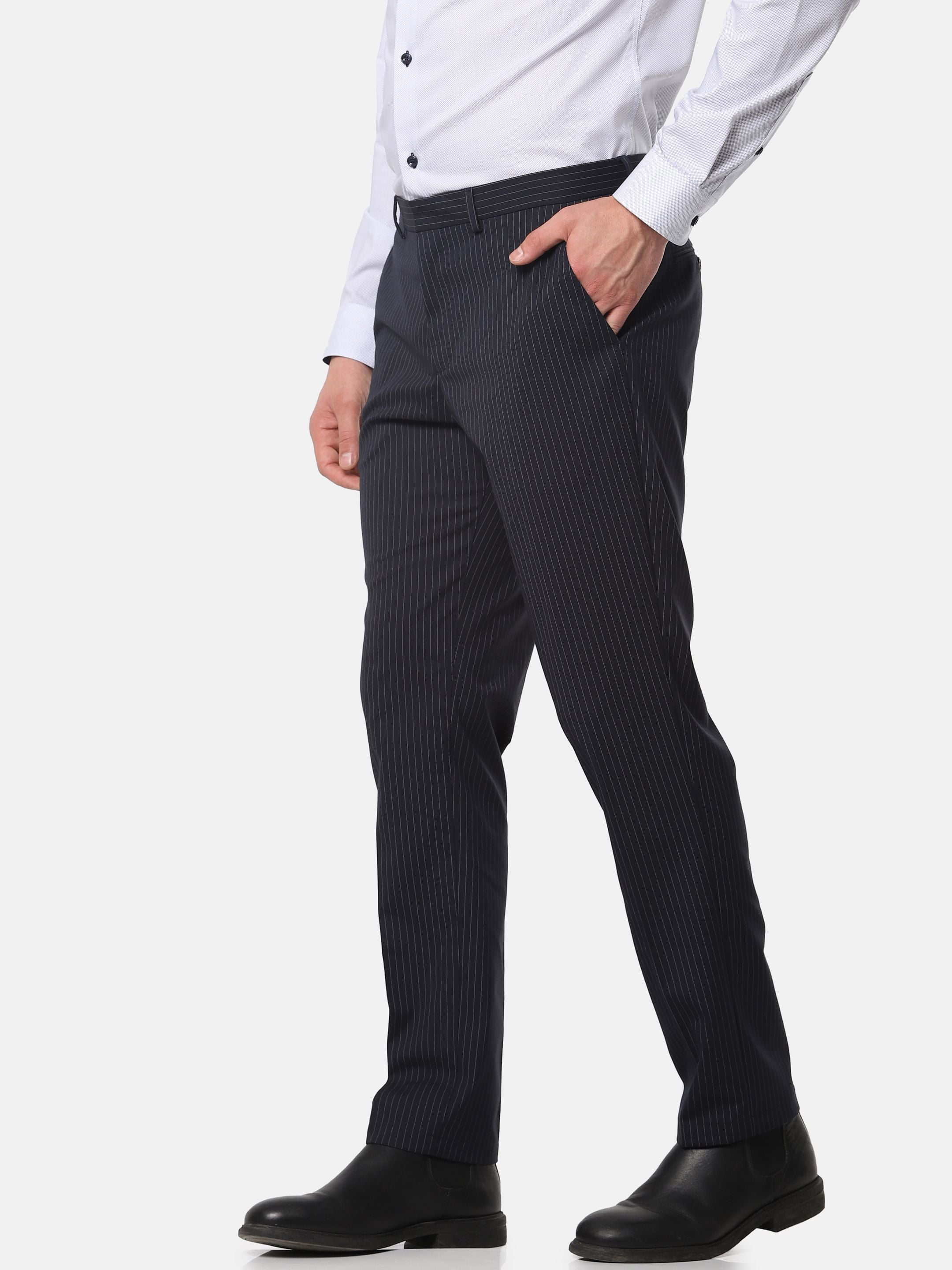 Navy Blue Striped Slim Fit Trousers