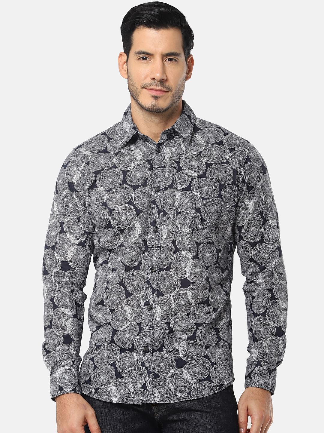 Navy Blue All Over Print Full Sleeves Shirt