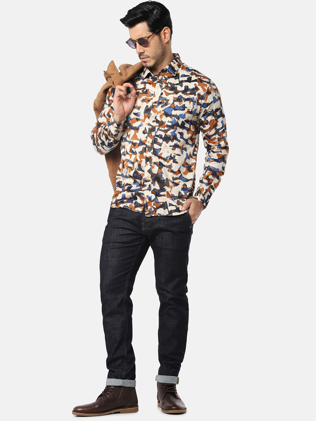 Cream All Over Print Full Sleeves Shirt