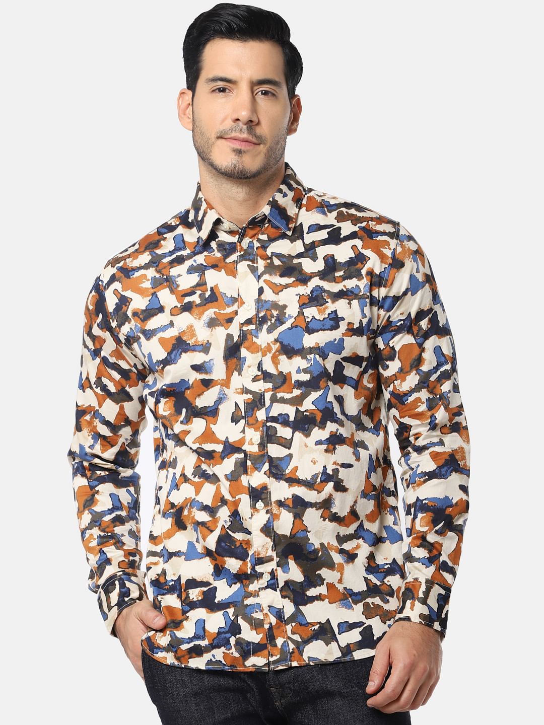 Cream All Over Print Full Sleeves Shirt