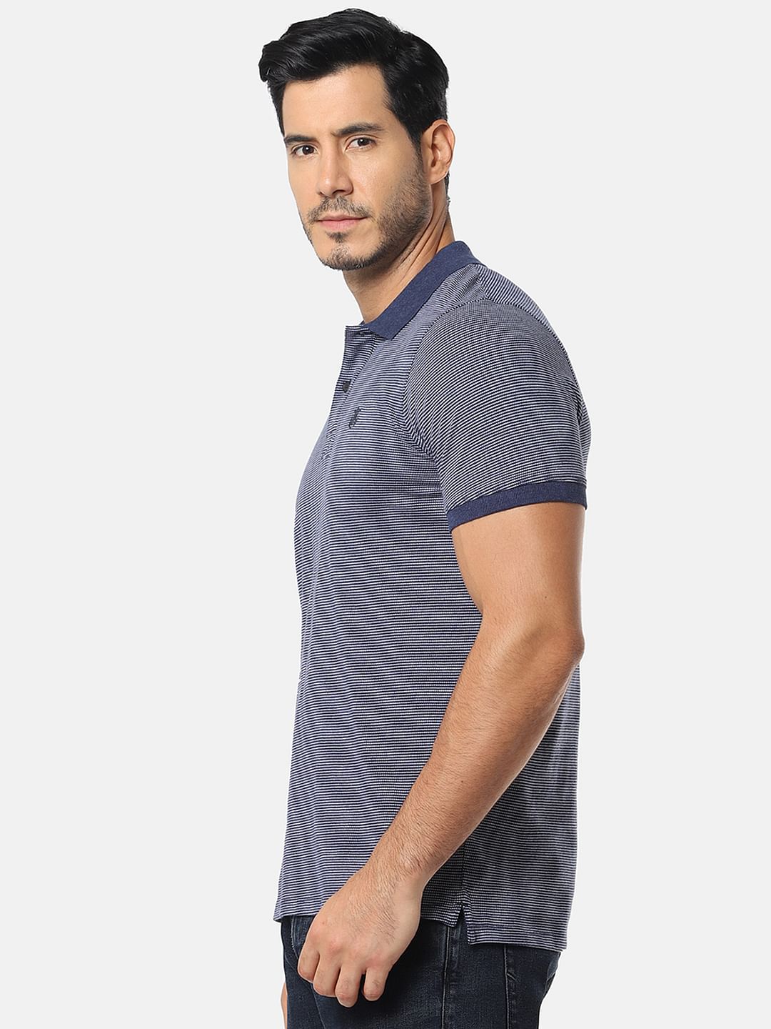 Blue Self Design Slim Fit Polo T-Shirt
