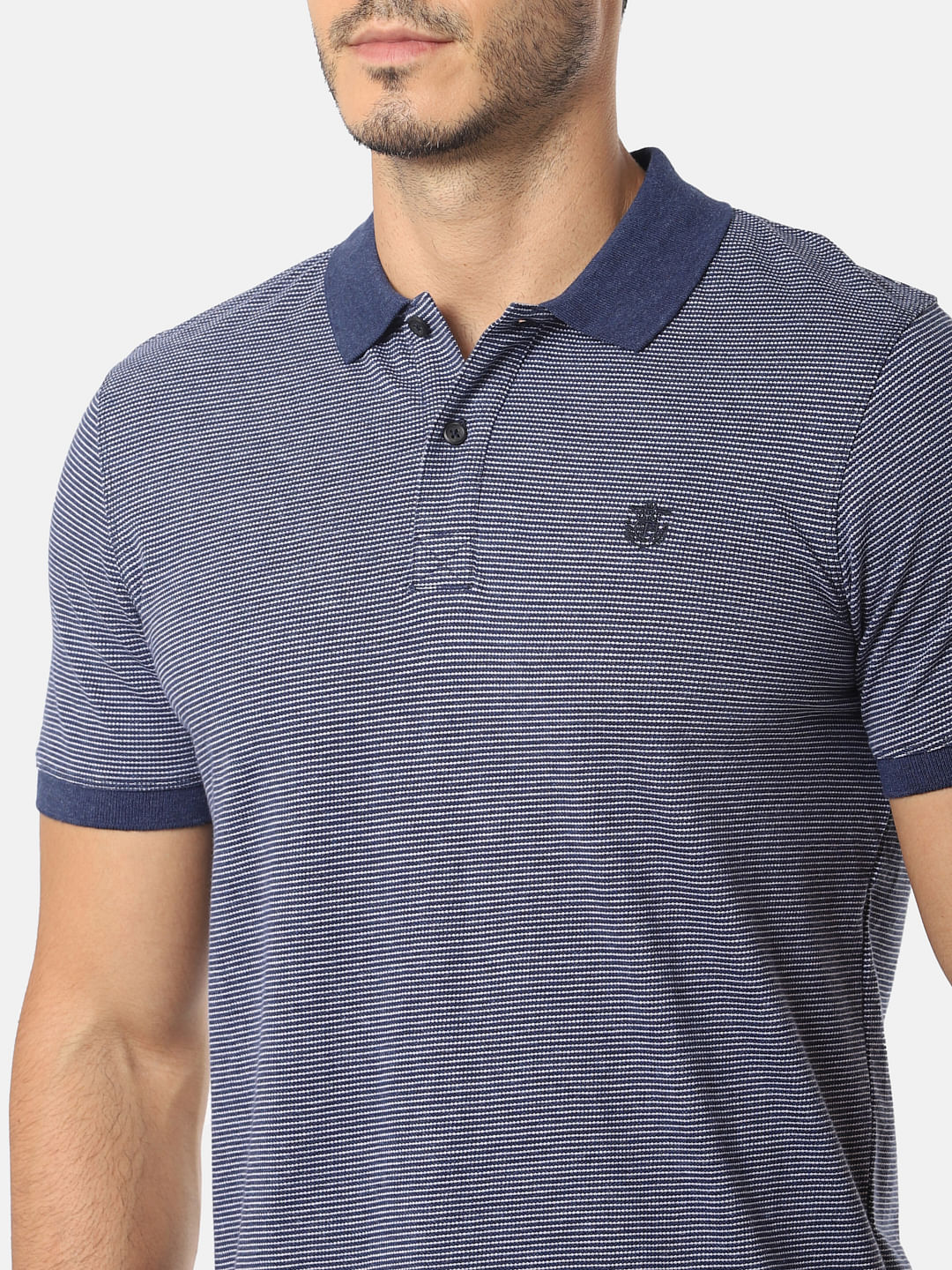 Blue Self Design Slim Fit Polo T-Shirt