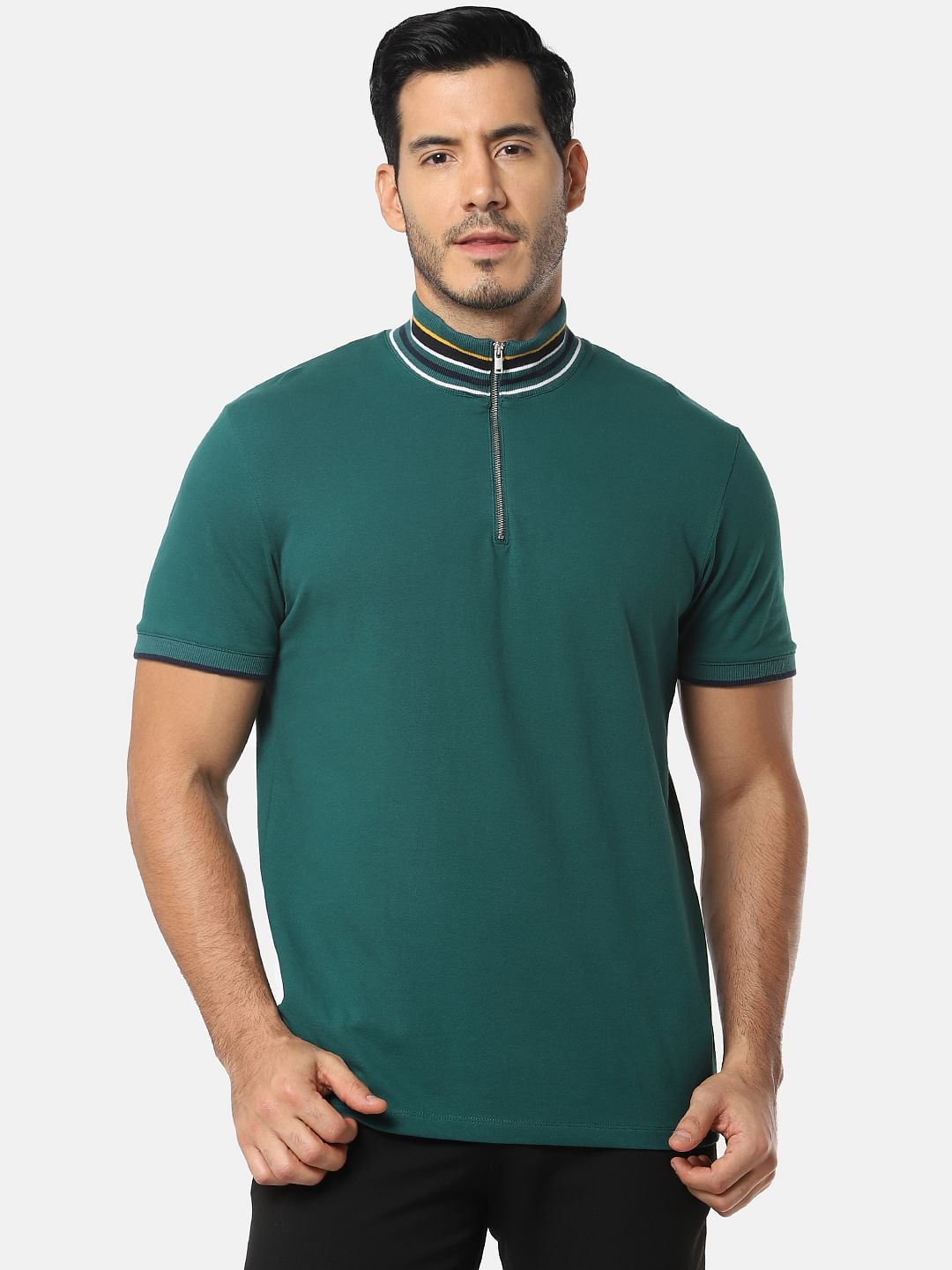 Green Zip Detail High Neck T-Shirt