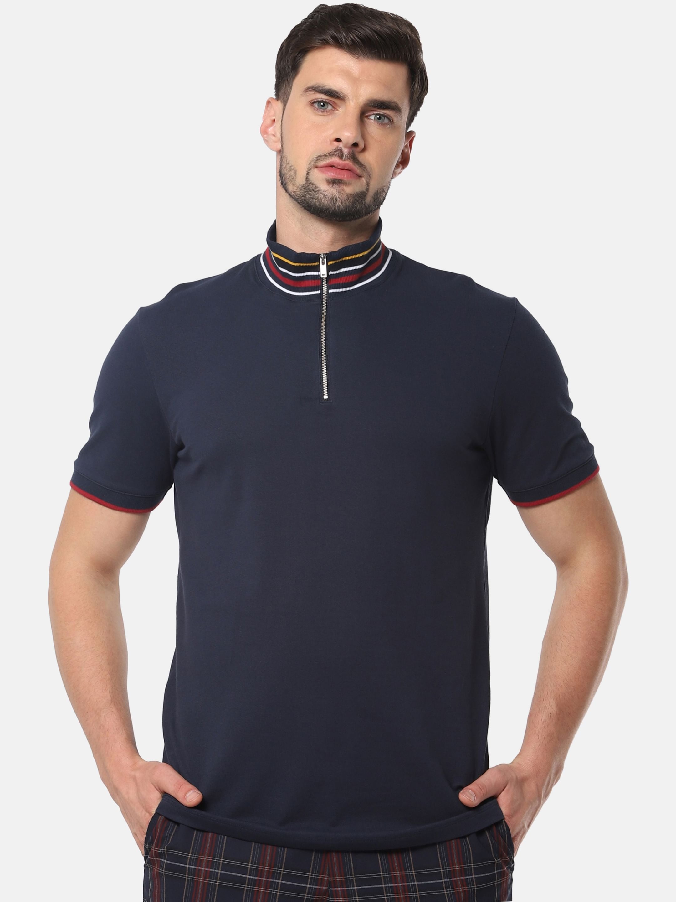 Dark Blue Zip Detail High Neck T-Shirt