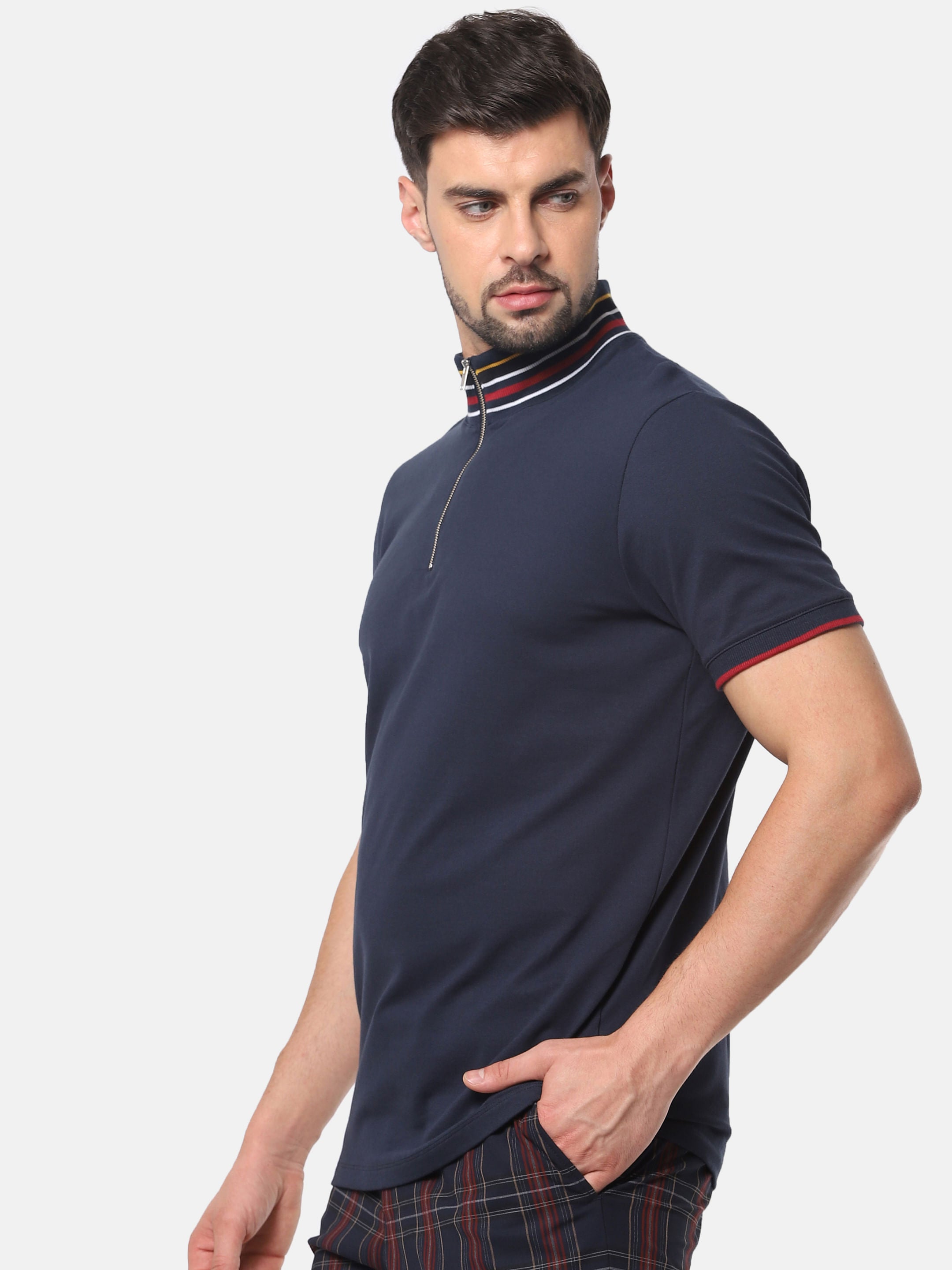 Dark Blue Zip Detail High Neck T-Shirt