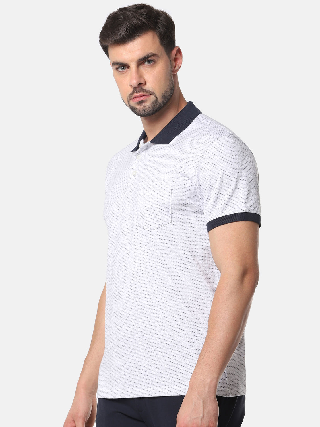 White Self Design Contrast Collar Polo T-Shirt