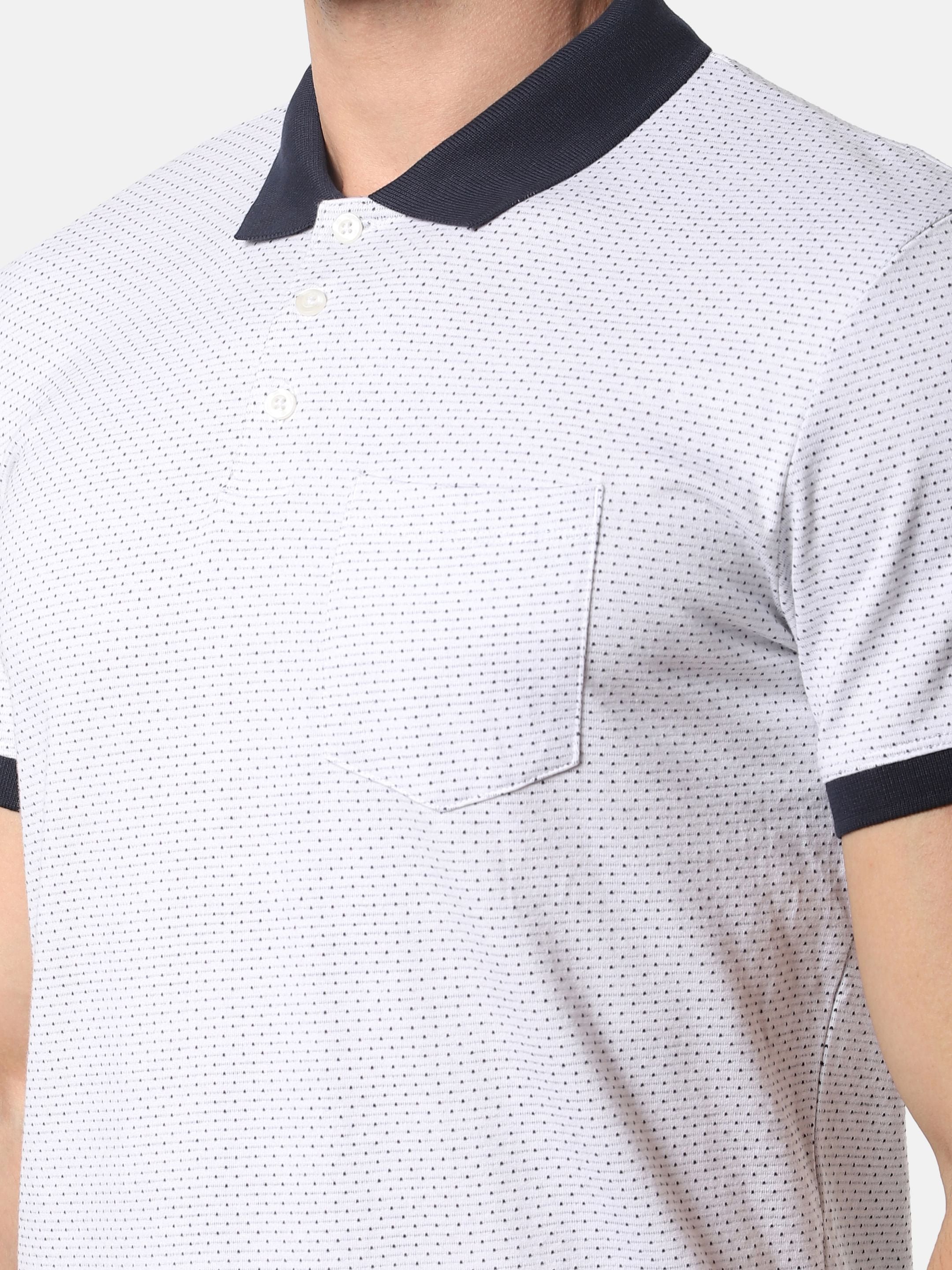 White Self Design Contrast Collar Polo T-Shirt