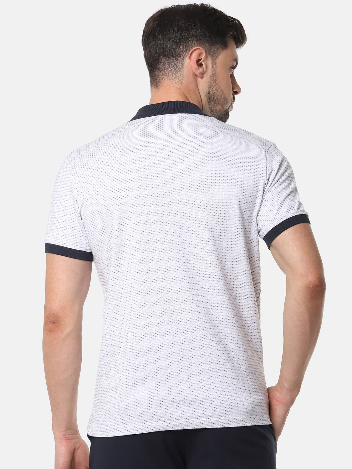 White Self Design Contrast Collar Polo T-Shirt
