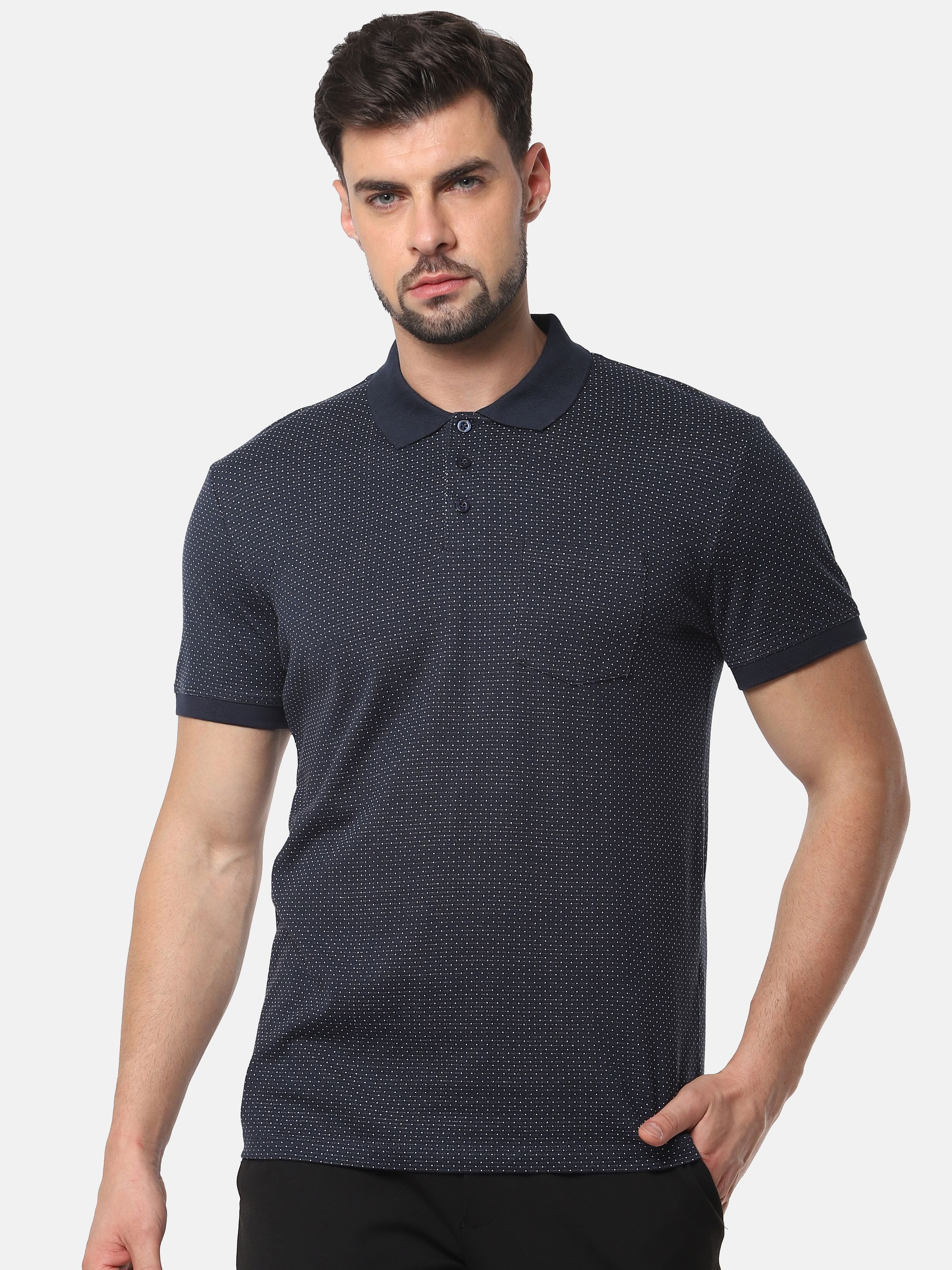 Navy Blue Self Design Polo T-Shirt