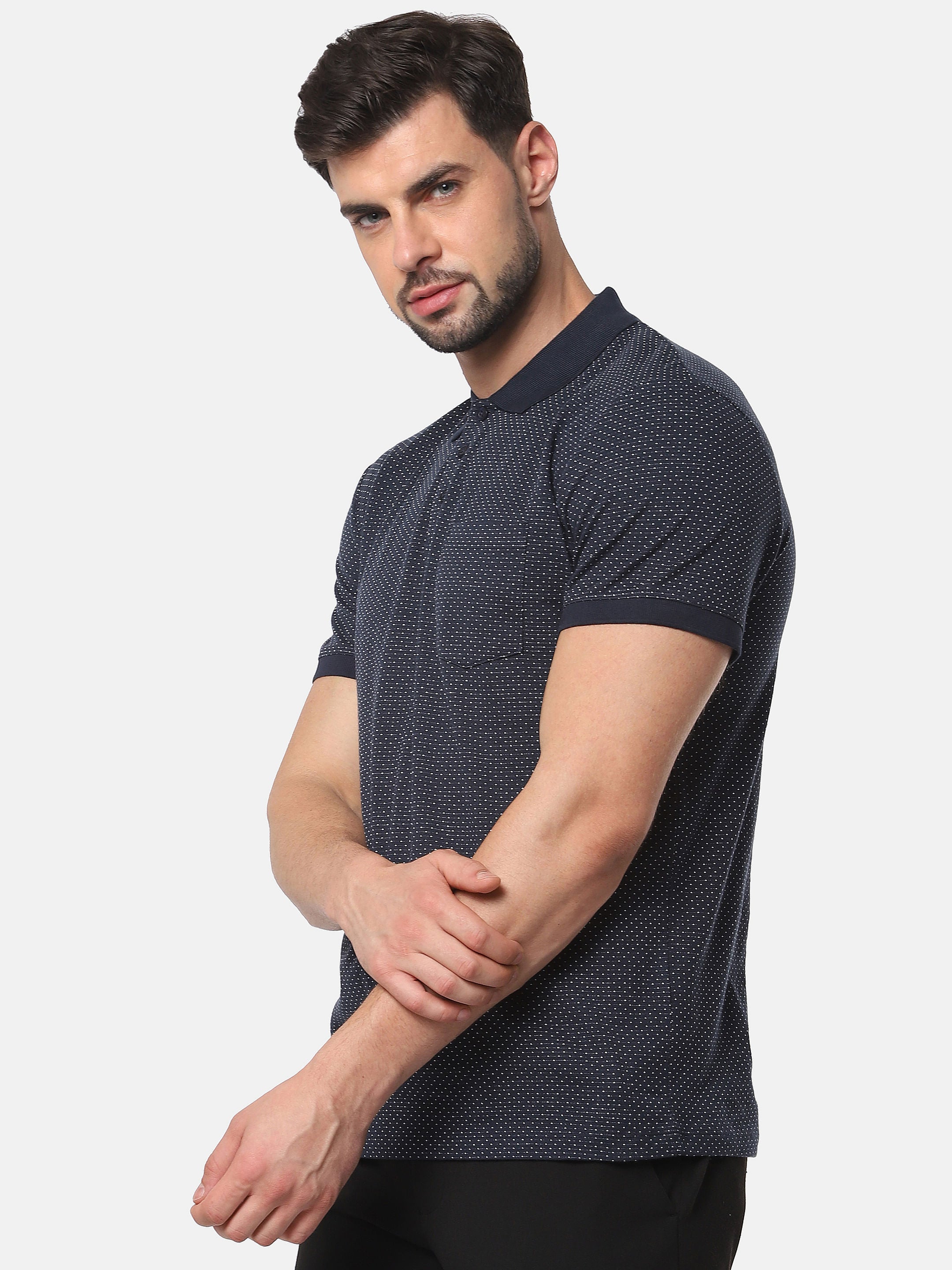 Navy Blue Self Design Polo T-Shirt