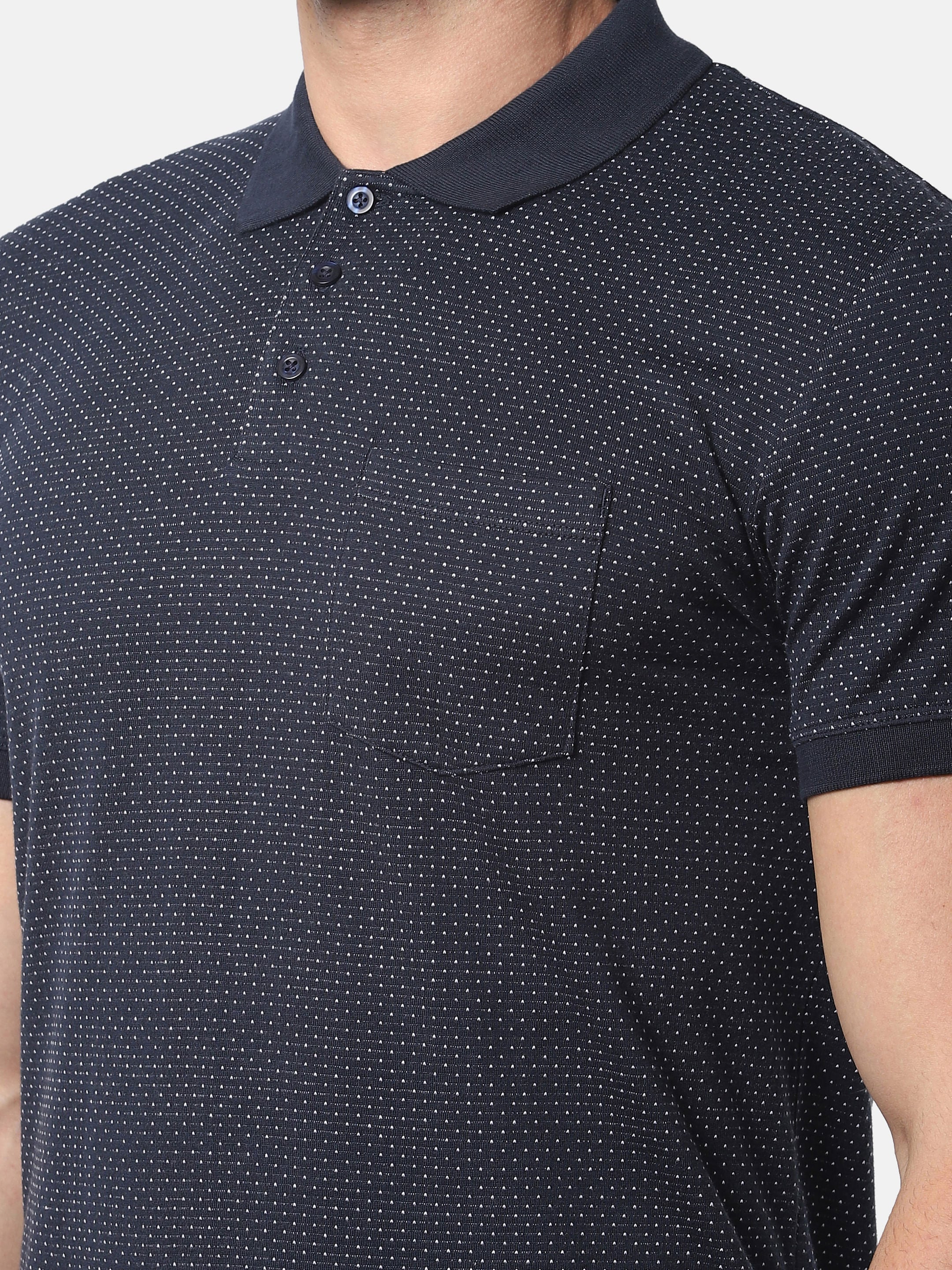 Navy Blue Self Design Polo T-Shirt