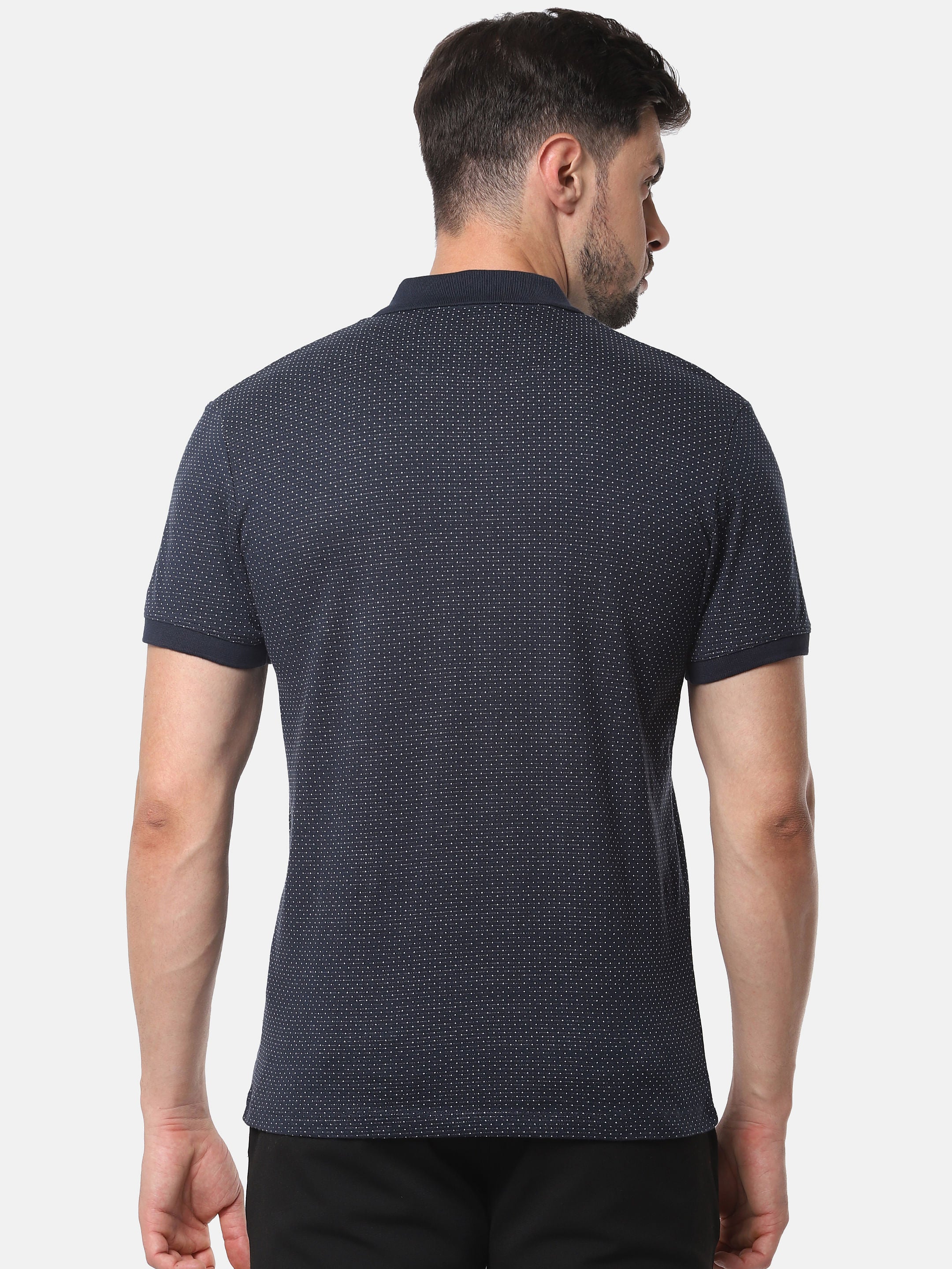Navy Blue Self Design Polo T-Shirt