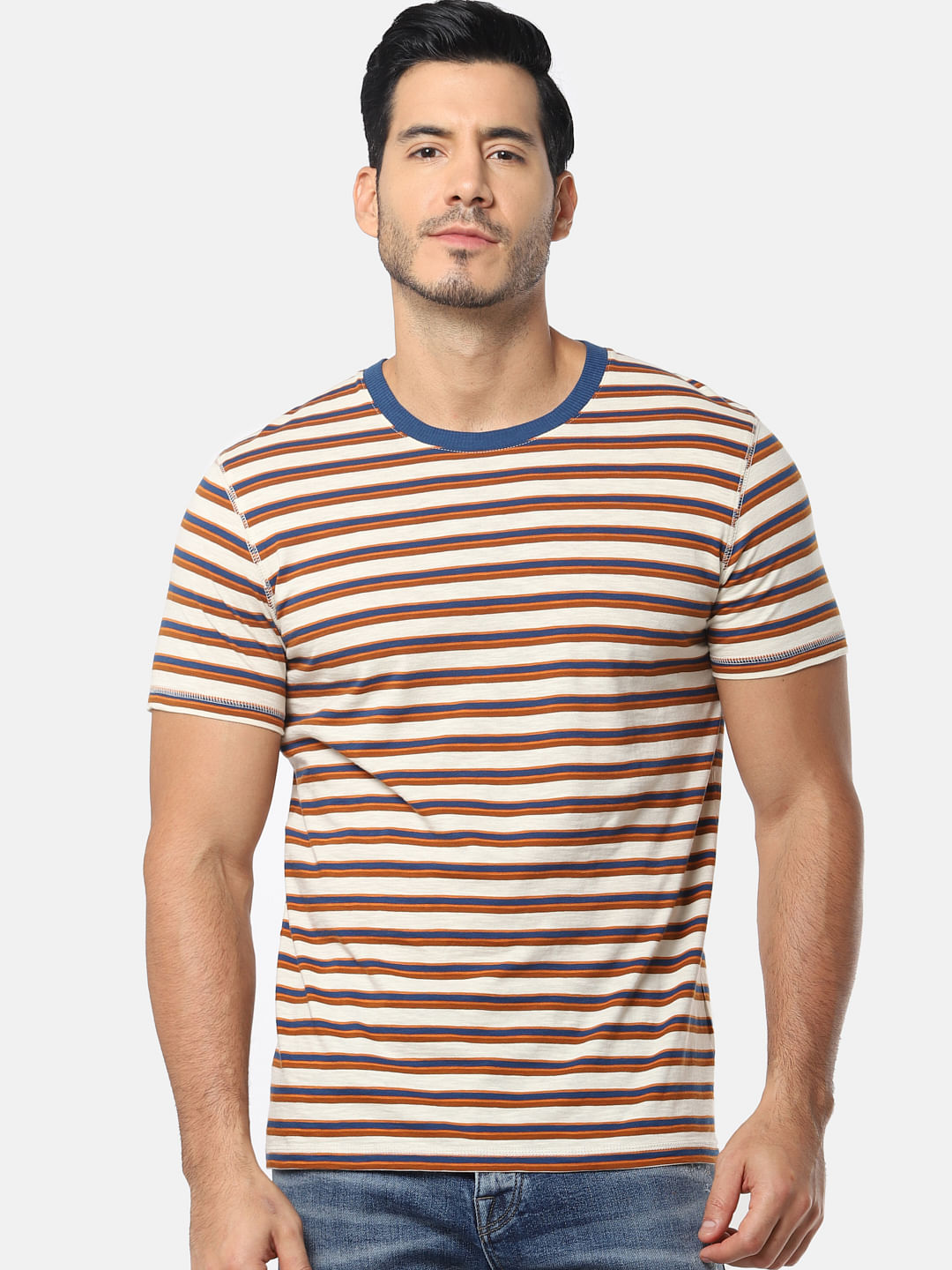 Cream Striped Slim Fit Crew Neck T-Shirt