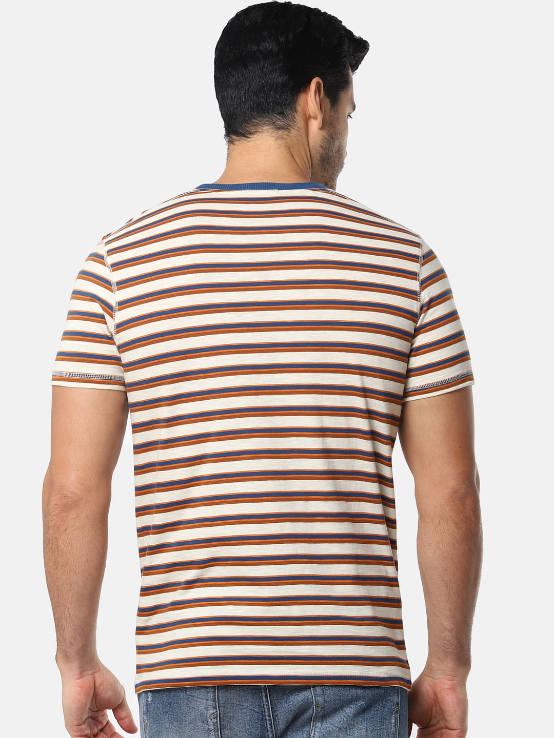 Cream Striped Slim Fit Crew Neck T-Shirt