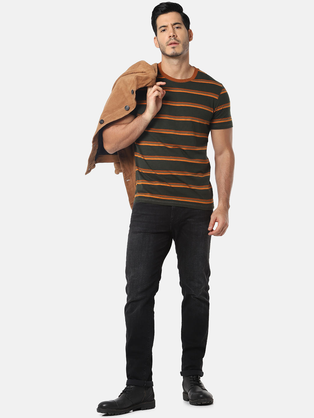 Olive Green Striped Crew Neck T-Shirt
