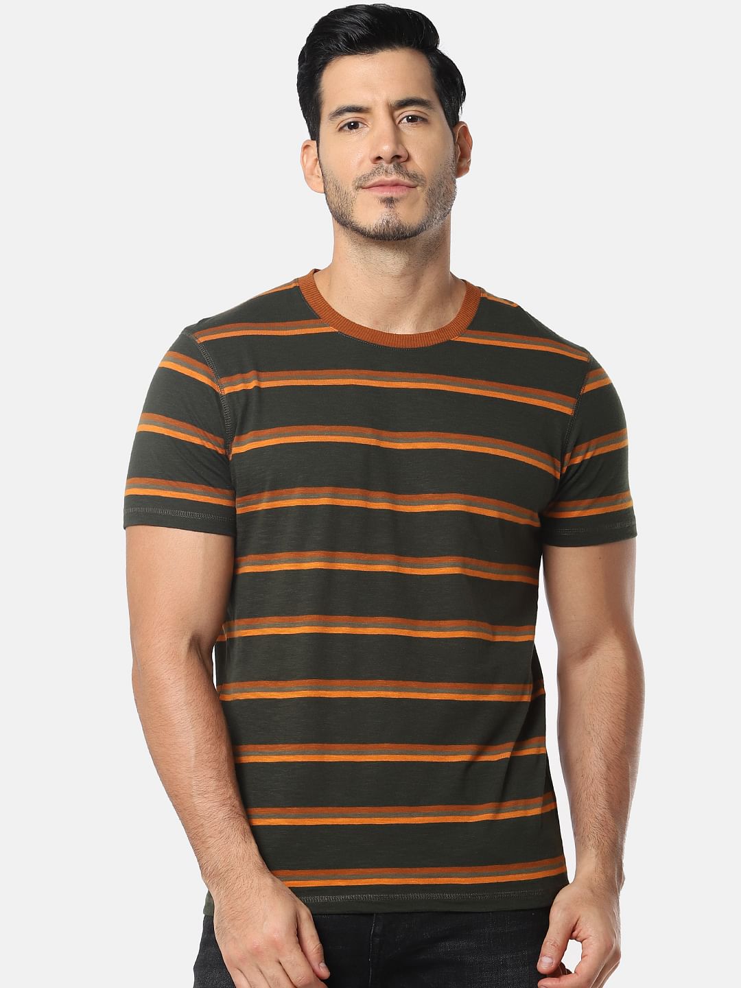 Olive Green Striped Crew Neck T-Shirt