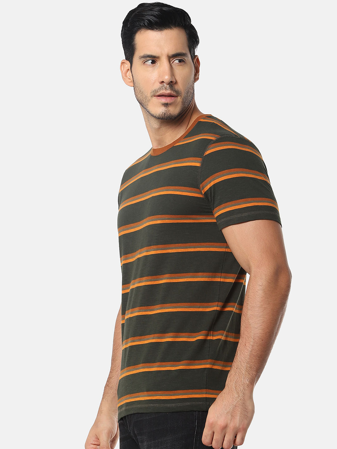 Olive Green Striped Crew Neck T-Shirt