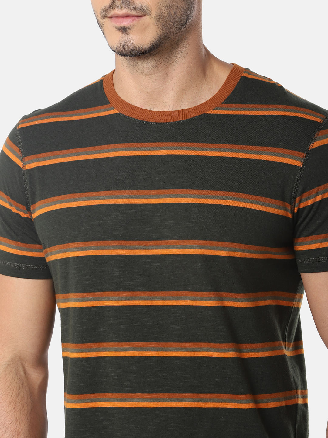 Olive Green Striped Crew Neck T-Shirt