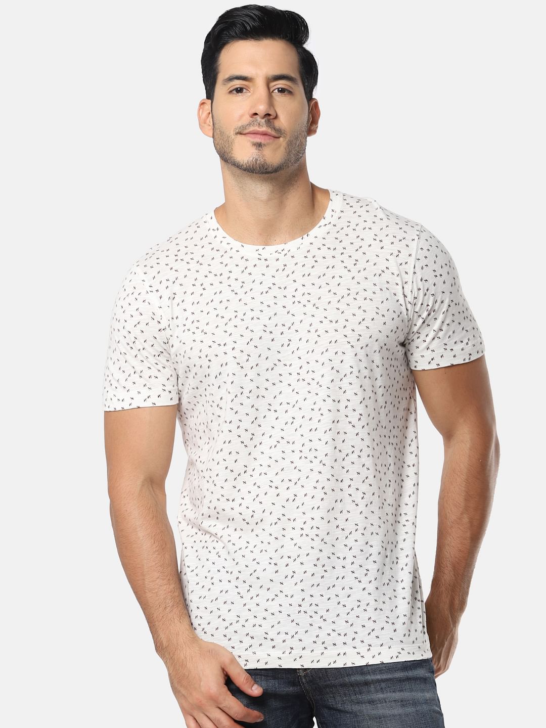 White All Over Print Slim Fit Crew Neck T-Shirt