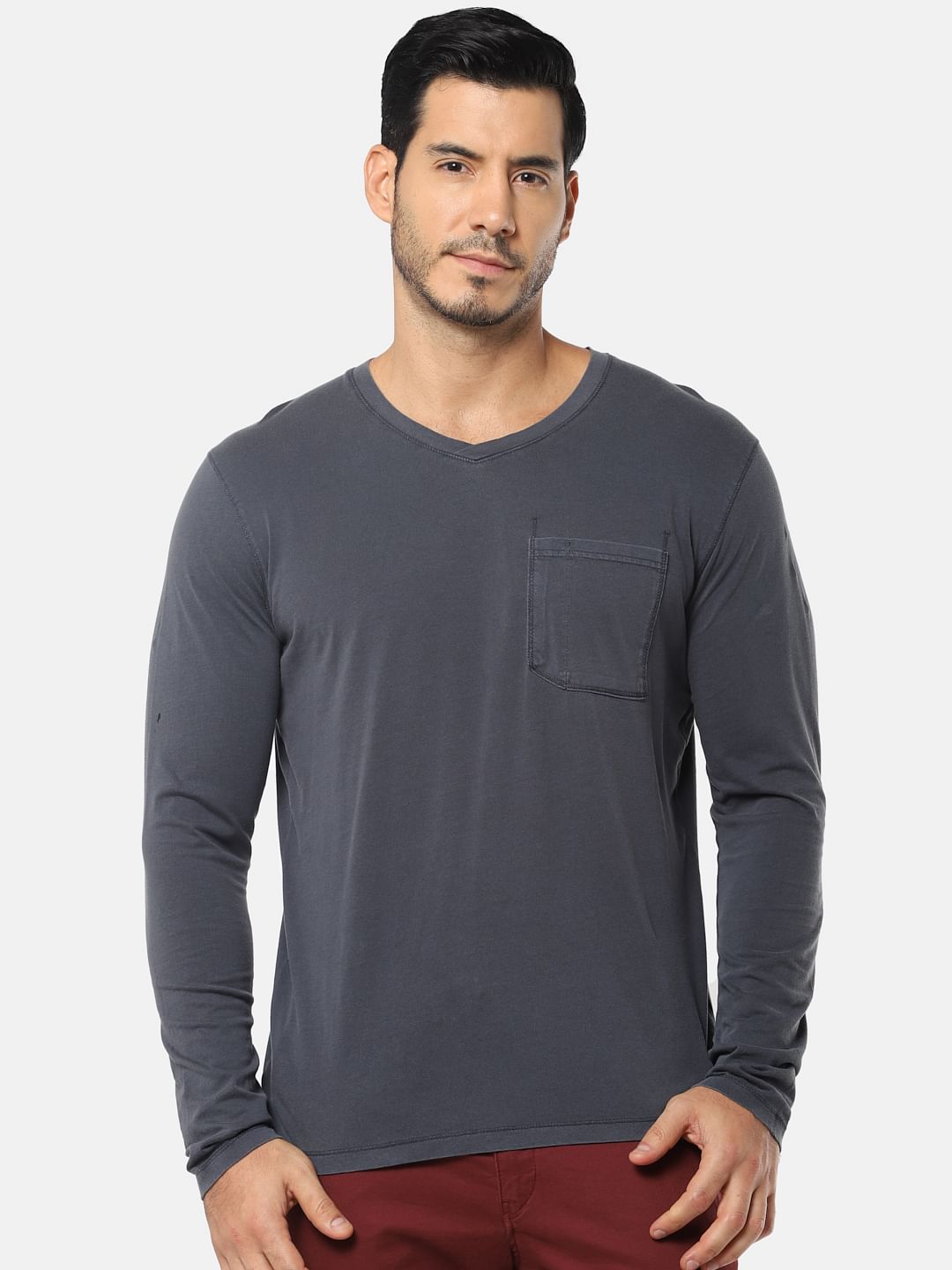 Grey One Pocket Slim Fit V-Neck T-Shirt