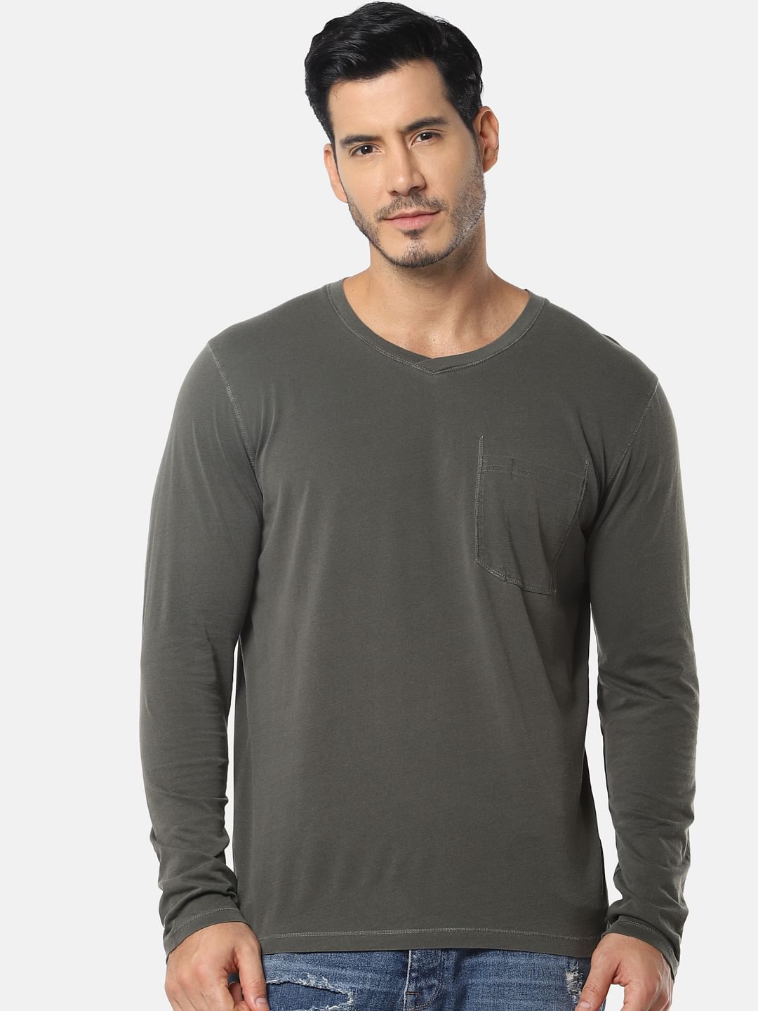 Olive One Pocket Slim Fit V-Neck T-Shirt