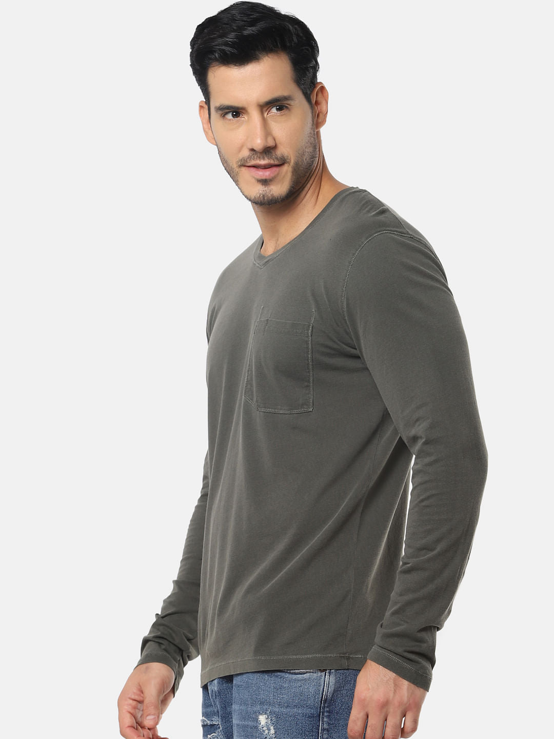 Olive One Pocket Slim Fit V-Neck T-Shirt
