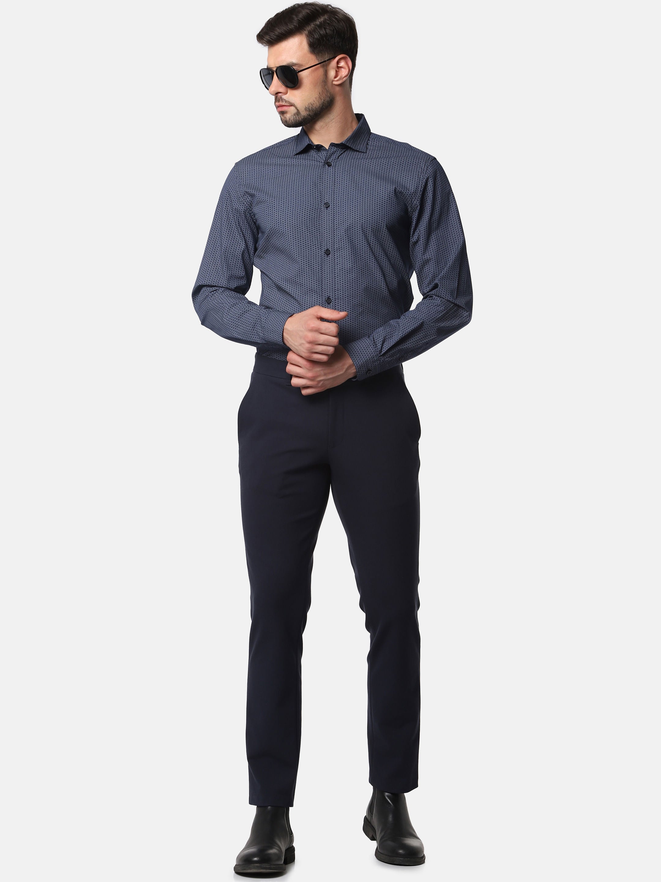 Navy Blue Printed Full Sleeves Shirt