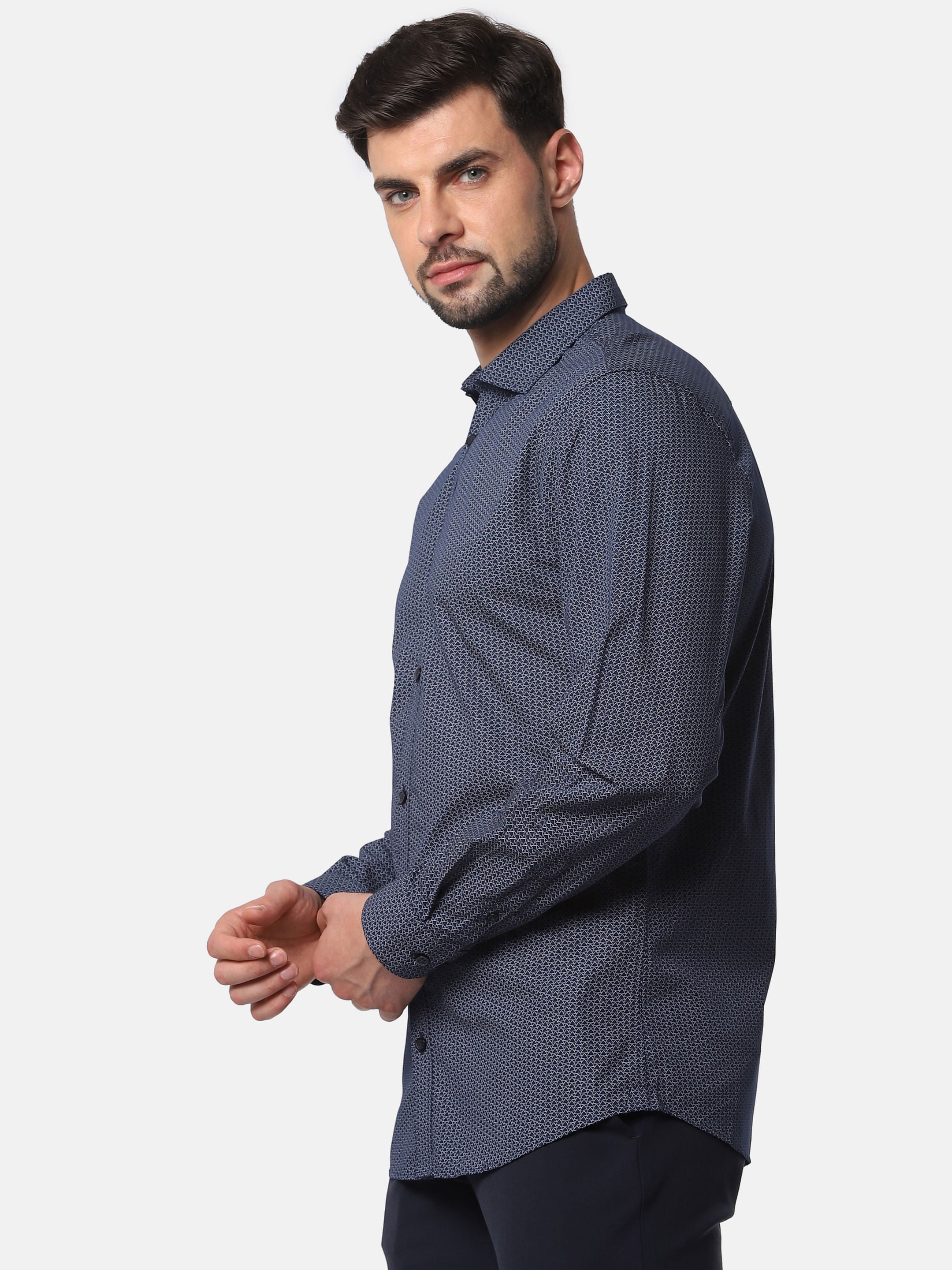 Navy Blue Printed Full Sleeves Shirt