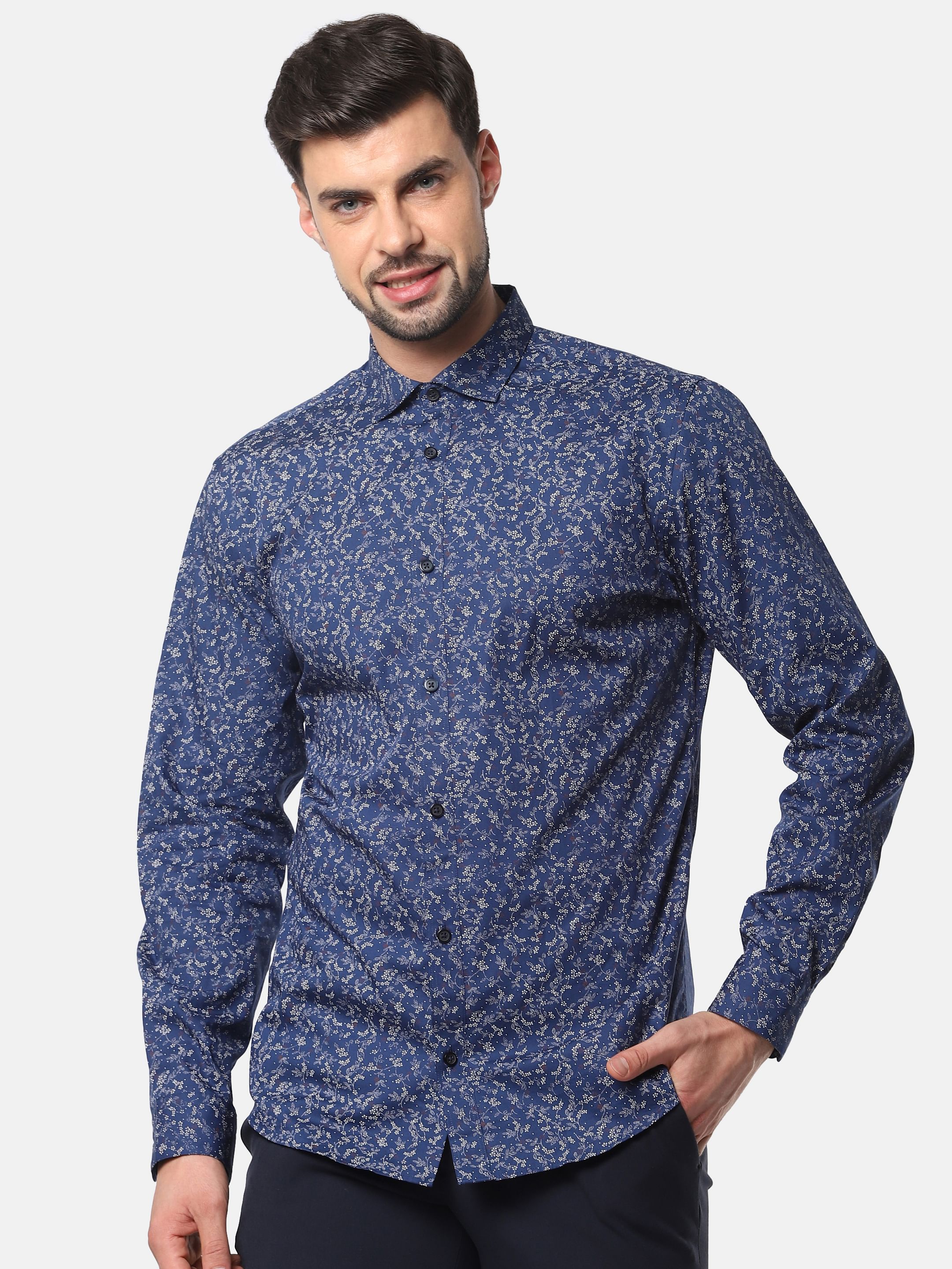 Blue Floral Print Full Sleeves Shirt