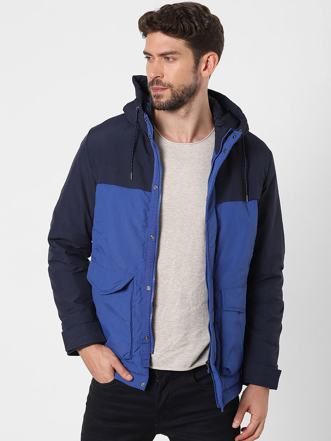 Blue Colourblocked Hooded Jacket