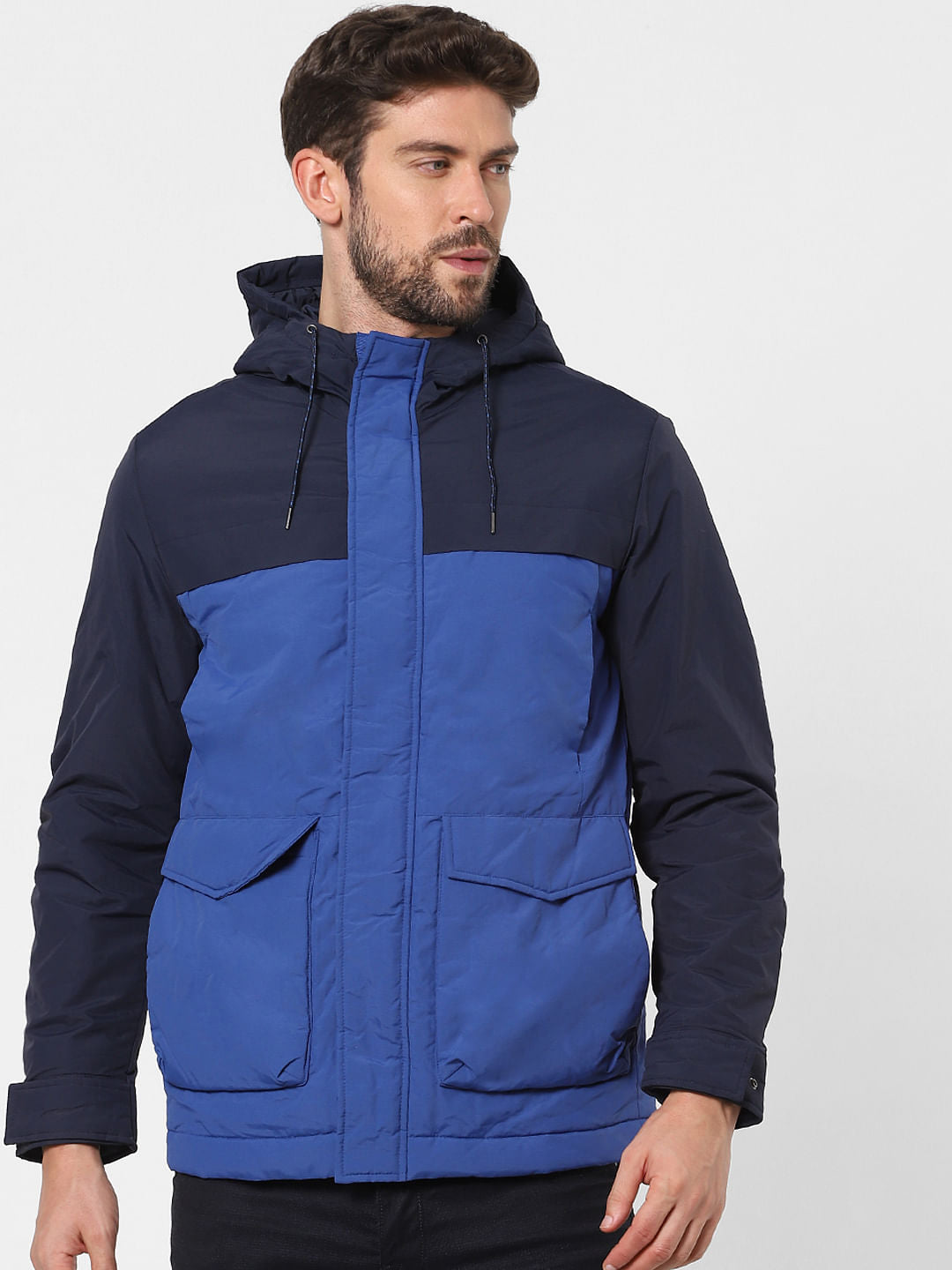 Blue Colourblocked Hooded Jacket
